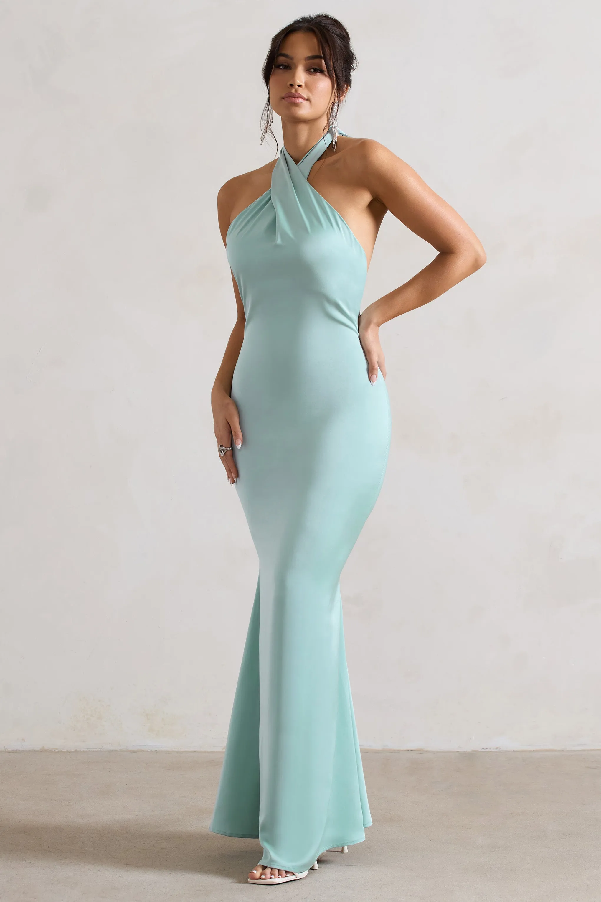 Unbeatable | Mint Green Satin Cross Over Halter-Neck Maxi Dress Club L London