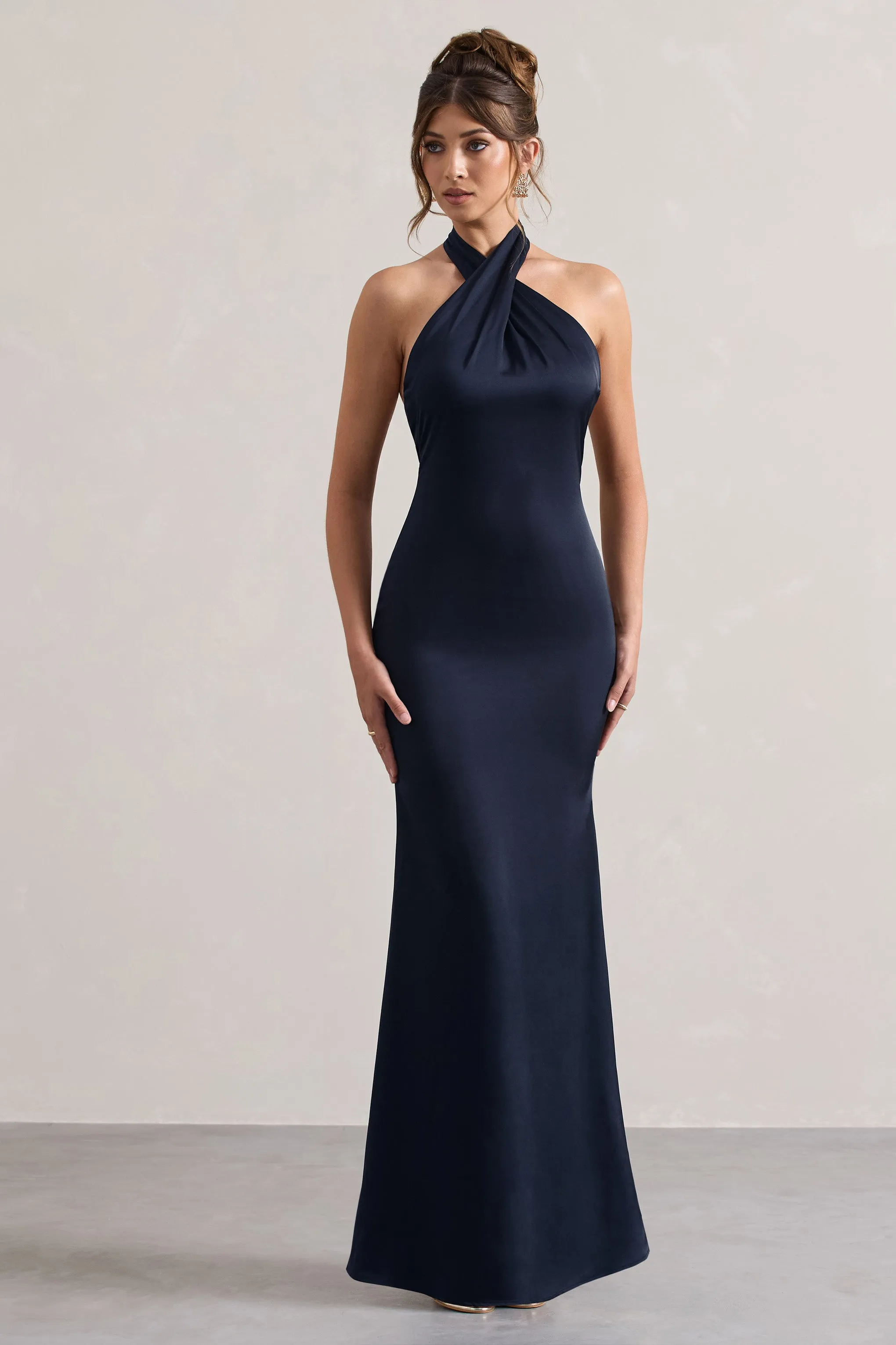 Unbeatable | Navy Satin Cross Over Halterneck Maxi Dress Club L London
