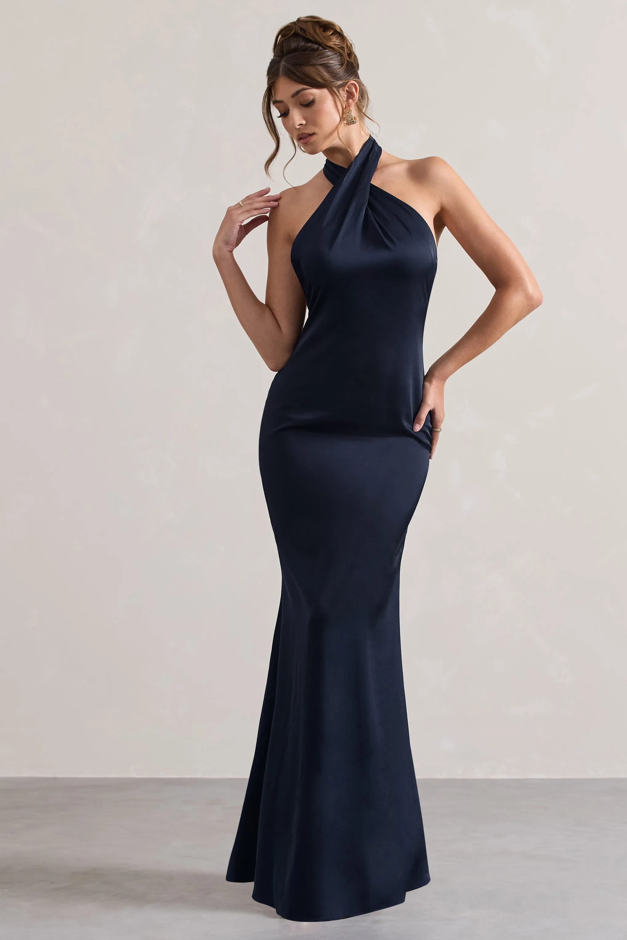 Unbeatable | Navy Satin Cross Over Halterneck Maxi Dress Club L London