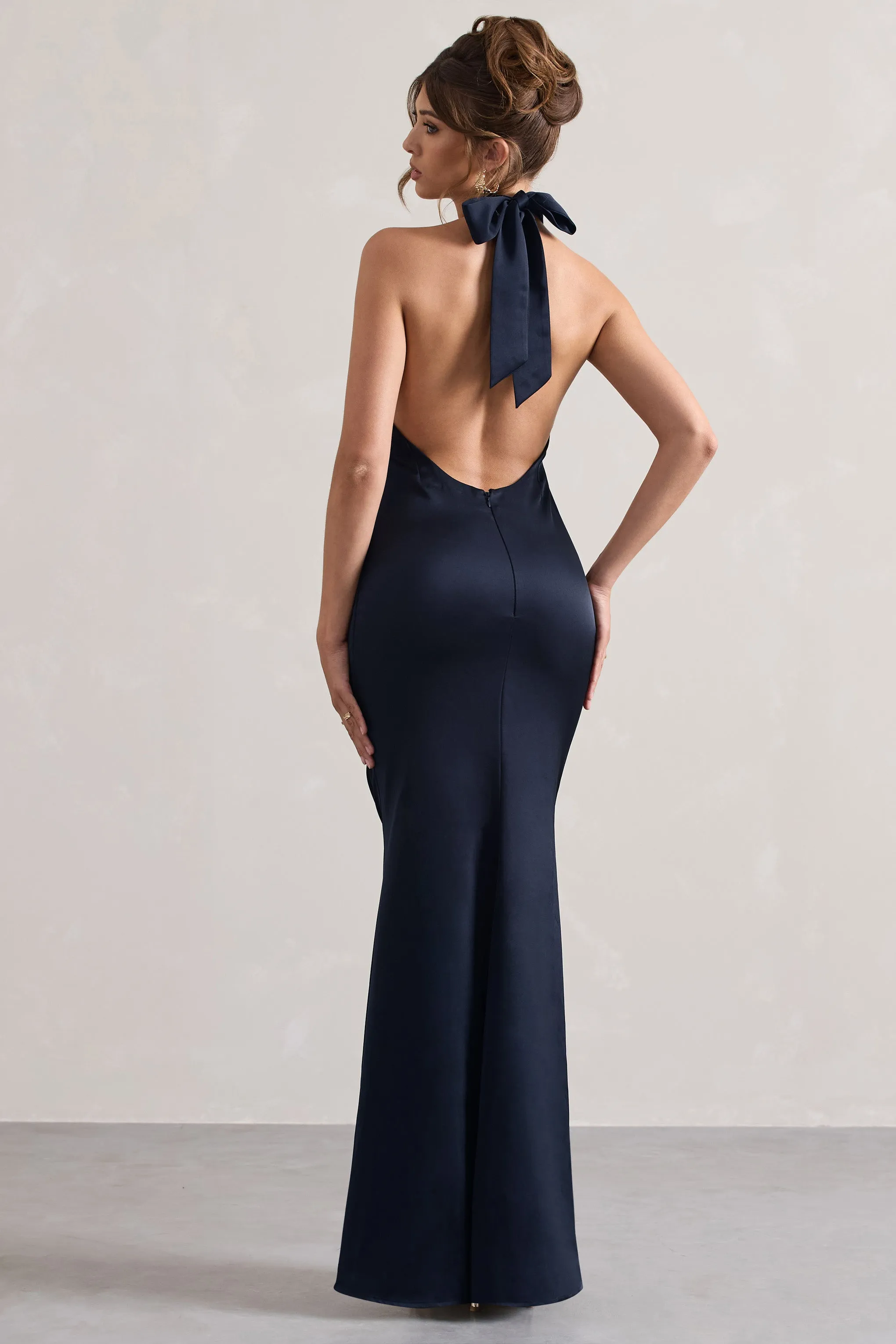 Unbeatable | Navy Satin Cross Over Halterneck Maxi Dress Club L London