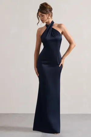 Unbeatable | Navy Satin Cross Over Halterneck Maxi Dress Club L London