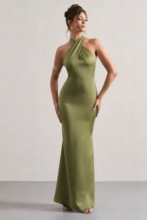 Unbeatable | Olive Satin Cross Over Halter-Neck Maxi Dress Club L London