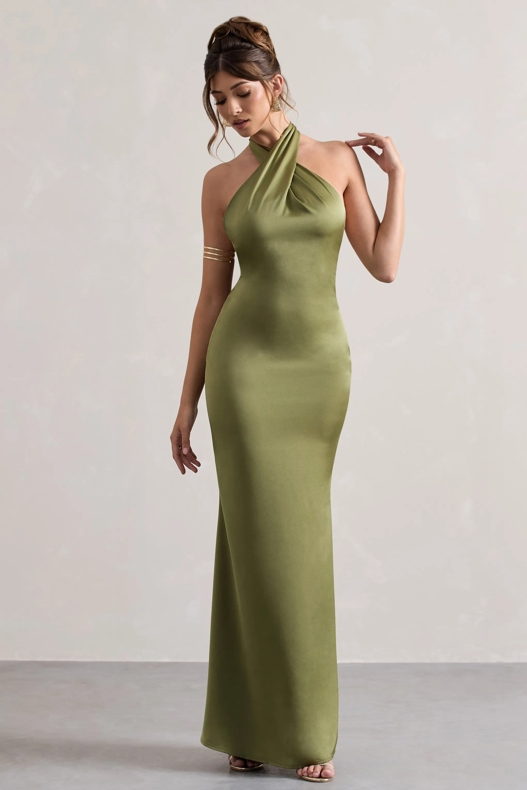 Unbeatable | Olive Satin Cross Over Halter-Neck Maxi Dress Club L London