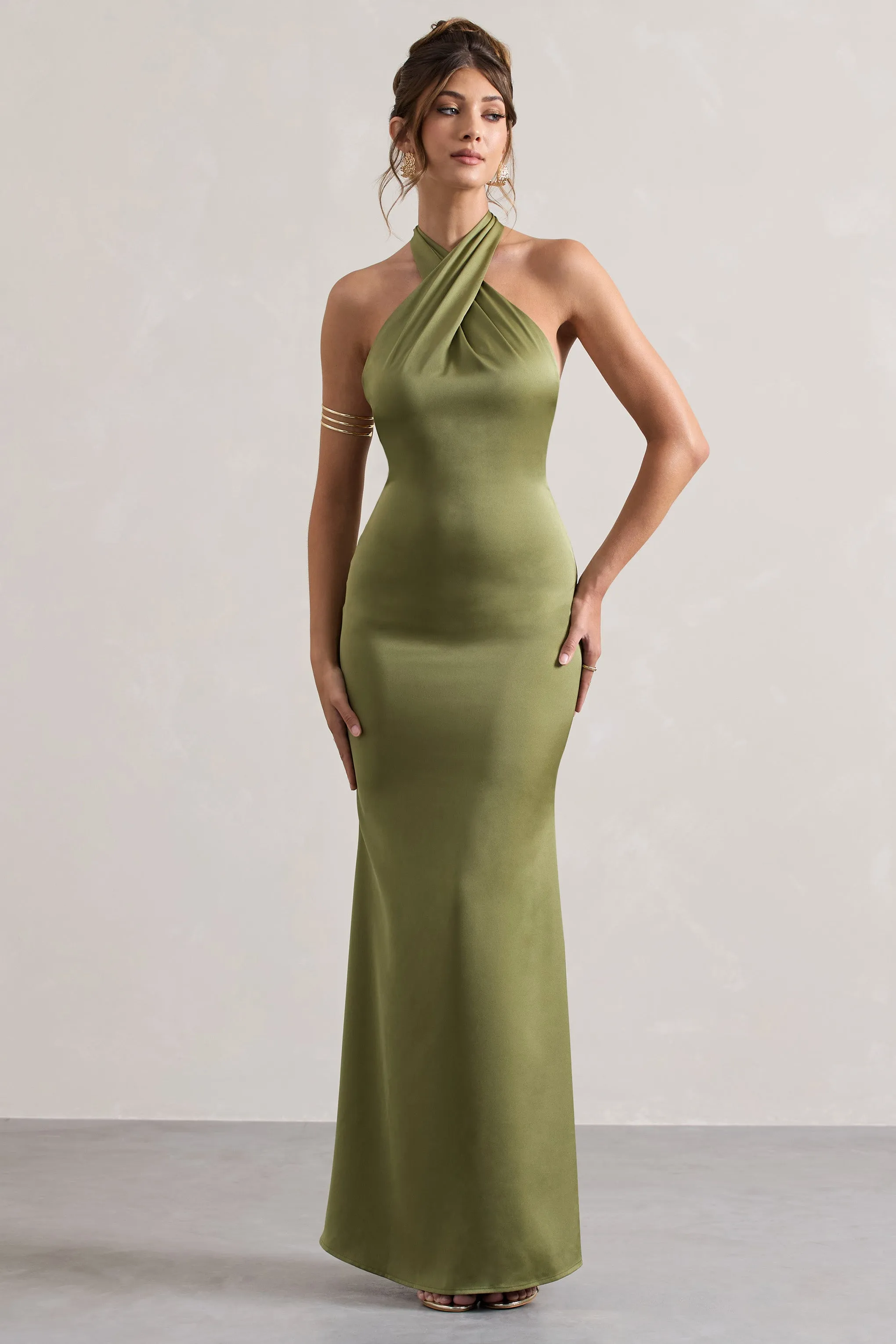 Unbeatable | Olive Satin Cross Over Halter-Neck Maxi Dress Club L London