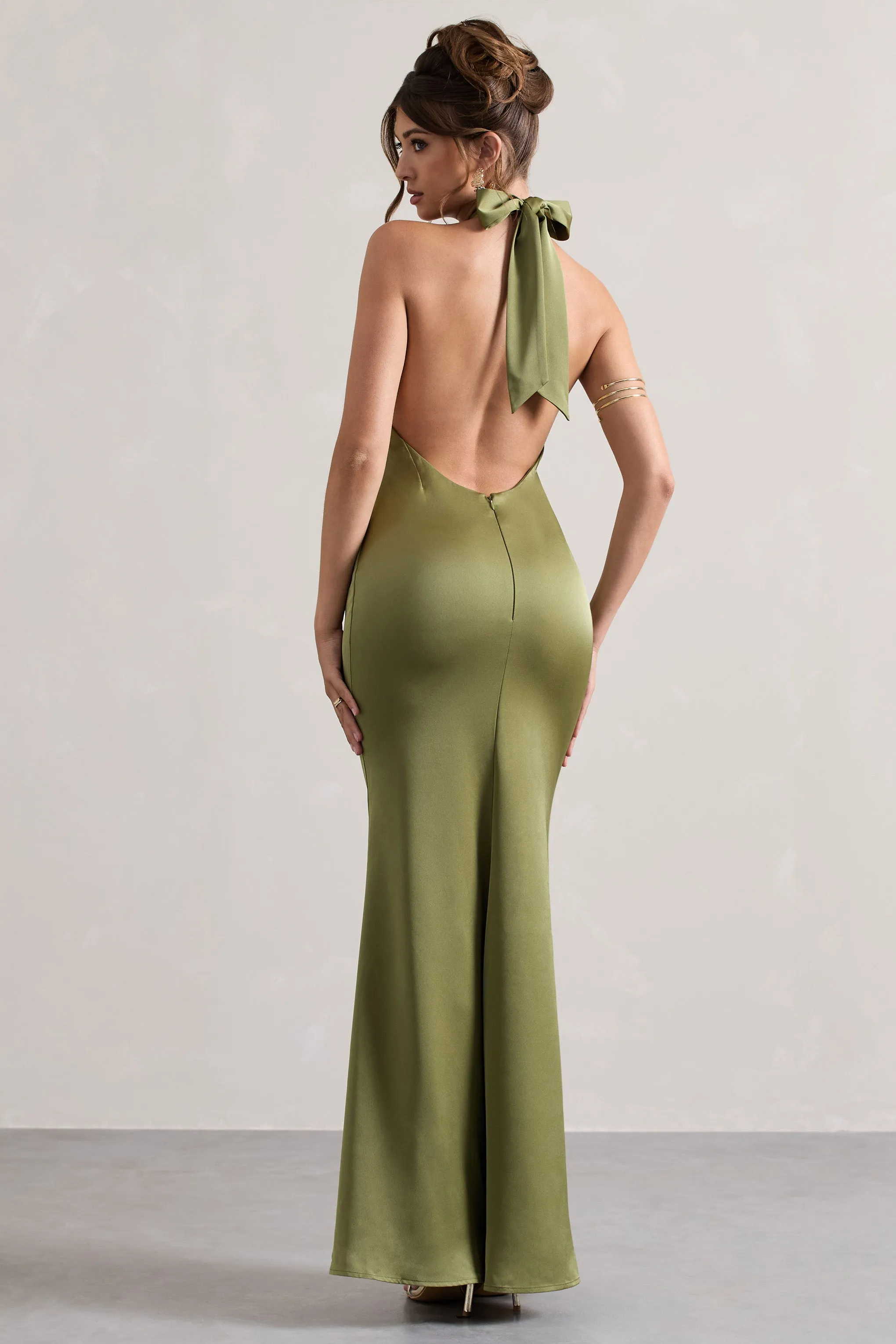 Unbeatable | Olive Satin Cross Over Halter-Neck Maxi Dress Club L London