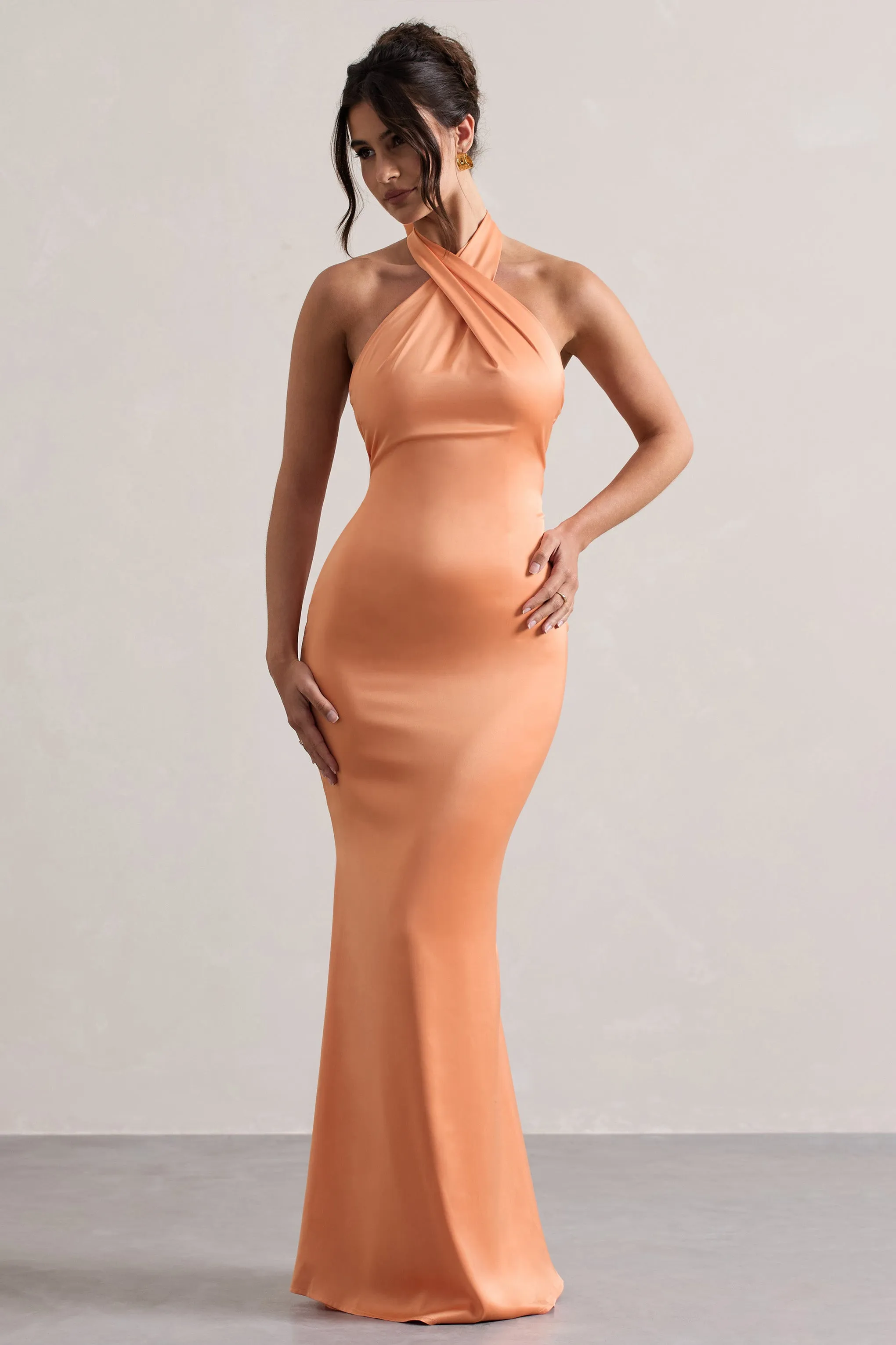 Unbeatable | Peach Satin Cross Over Halter-Neck Maxi Dress Club L London
