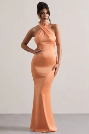 Unbeatable | Peach Satin Cross Over Halter-Neck Maxi Dress Club L London