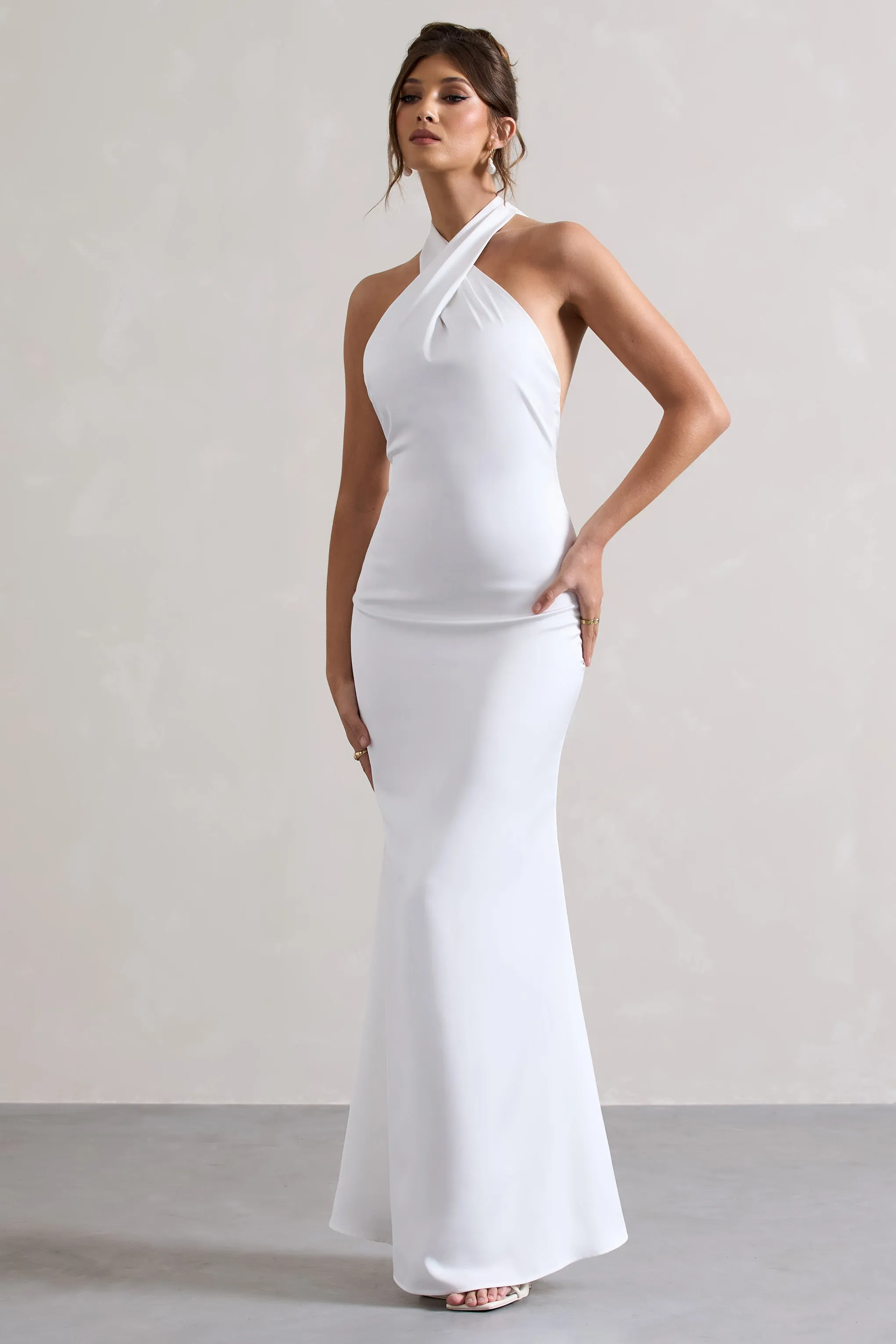 Unbeatable | White Satin Cross Over Halter-Neck Maxi Dress Club L London