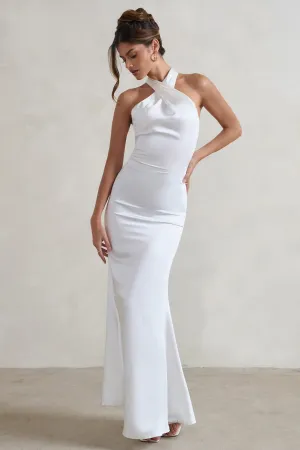Unbeatable | White Satin Cross Over Halter-Neck Maxi Dress Club L London