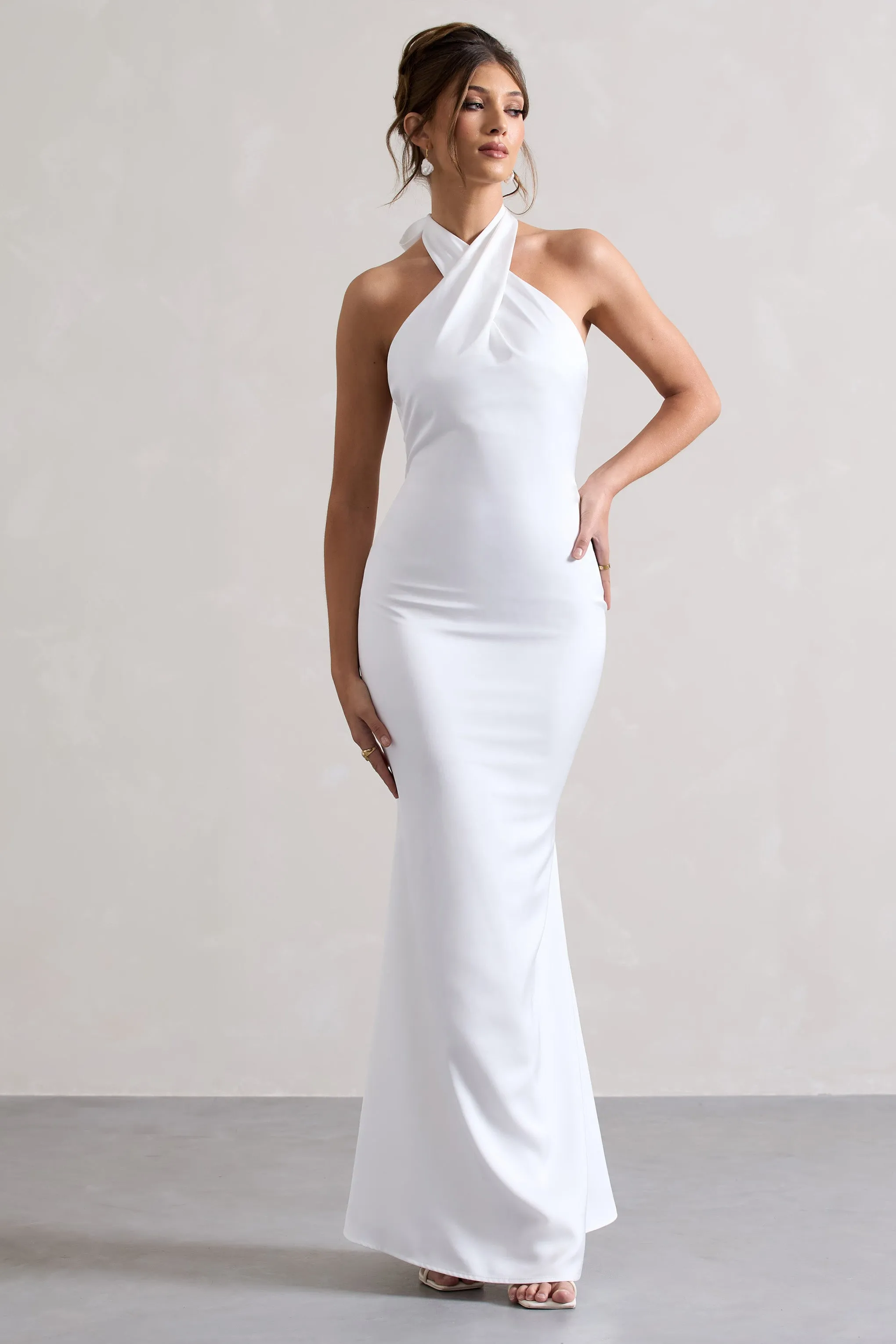 Unbeatable | White Satin Cross Over Halter-Neck Maxi Dress Club L London
