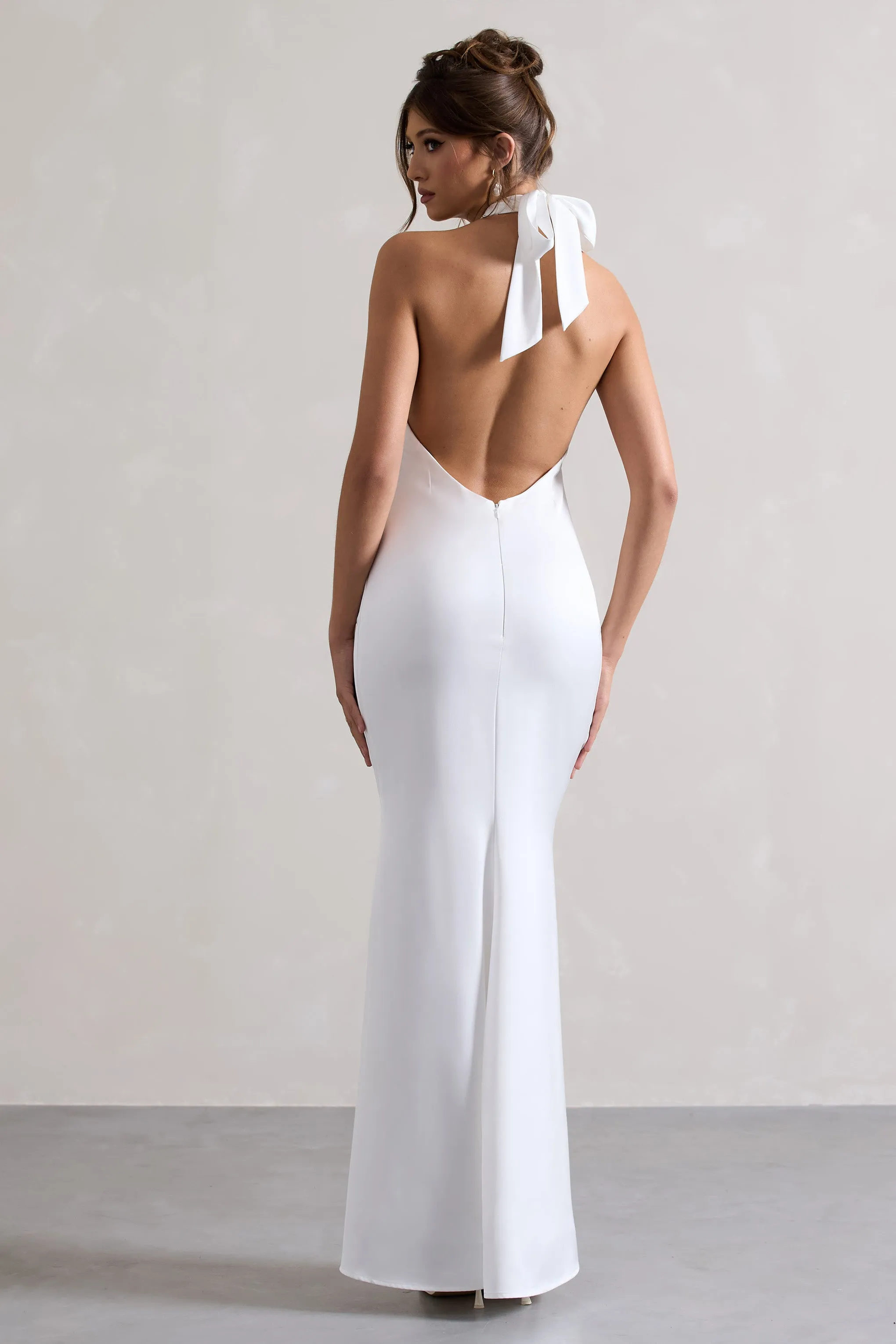 Unbeatable | White Satin Cross Over Halter-Neck Maxi Dress Club L London