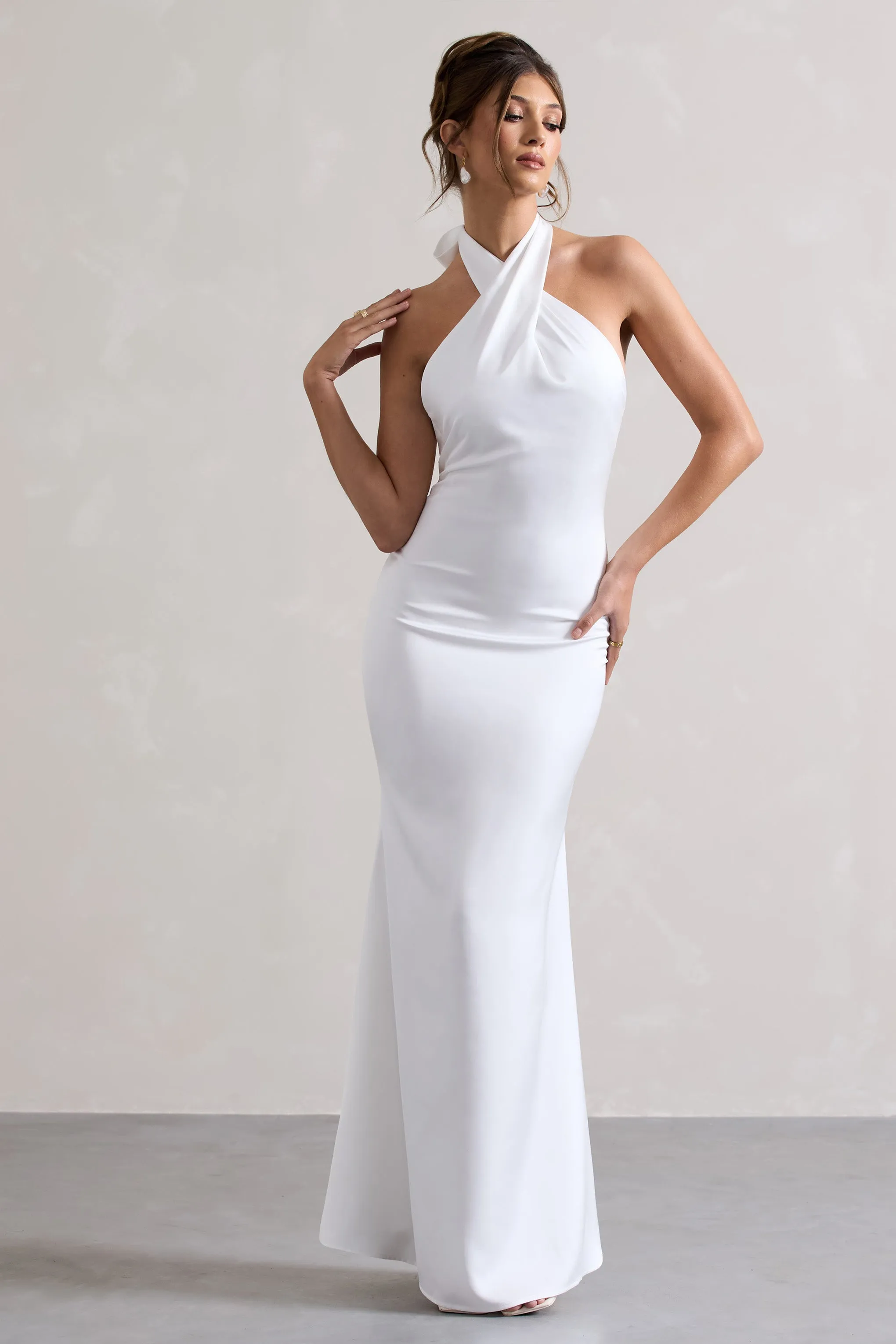 Unbeatable | White Satin Cross Over Halter-Neck Maxi Dress Club L London
