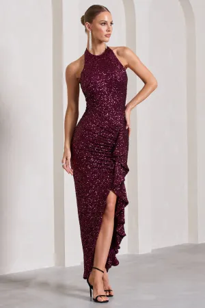 Under The Stars | Plum Sequin High-Neck Open-Back Maxi Dress With Drape Club L London