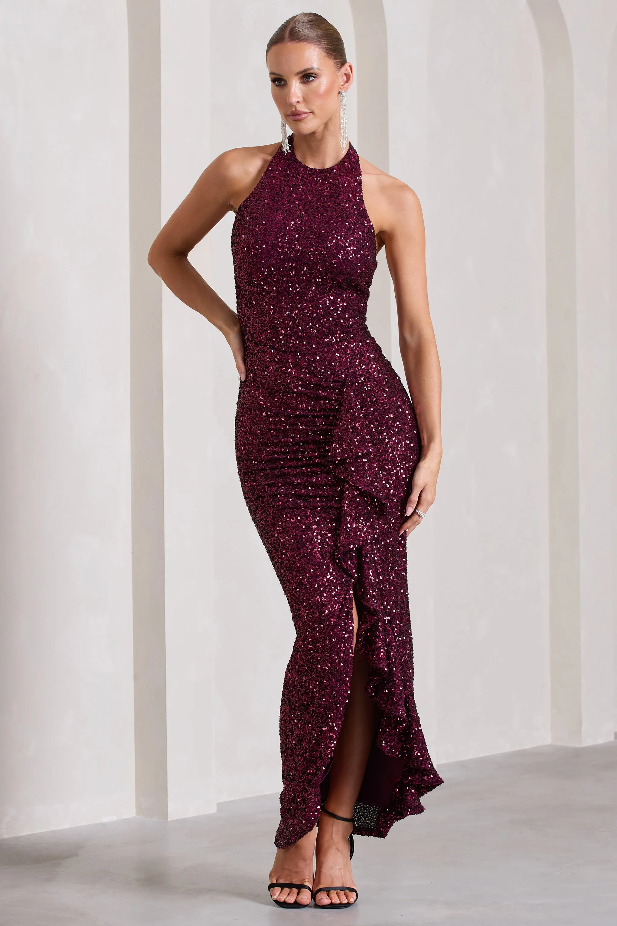 Under The Stars | Plum Sequin High-Neck Open-Back Maxi Dress With Drape Club L London