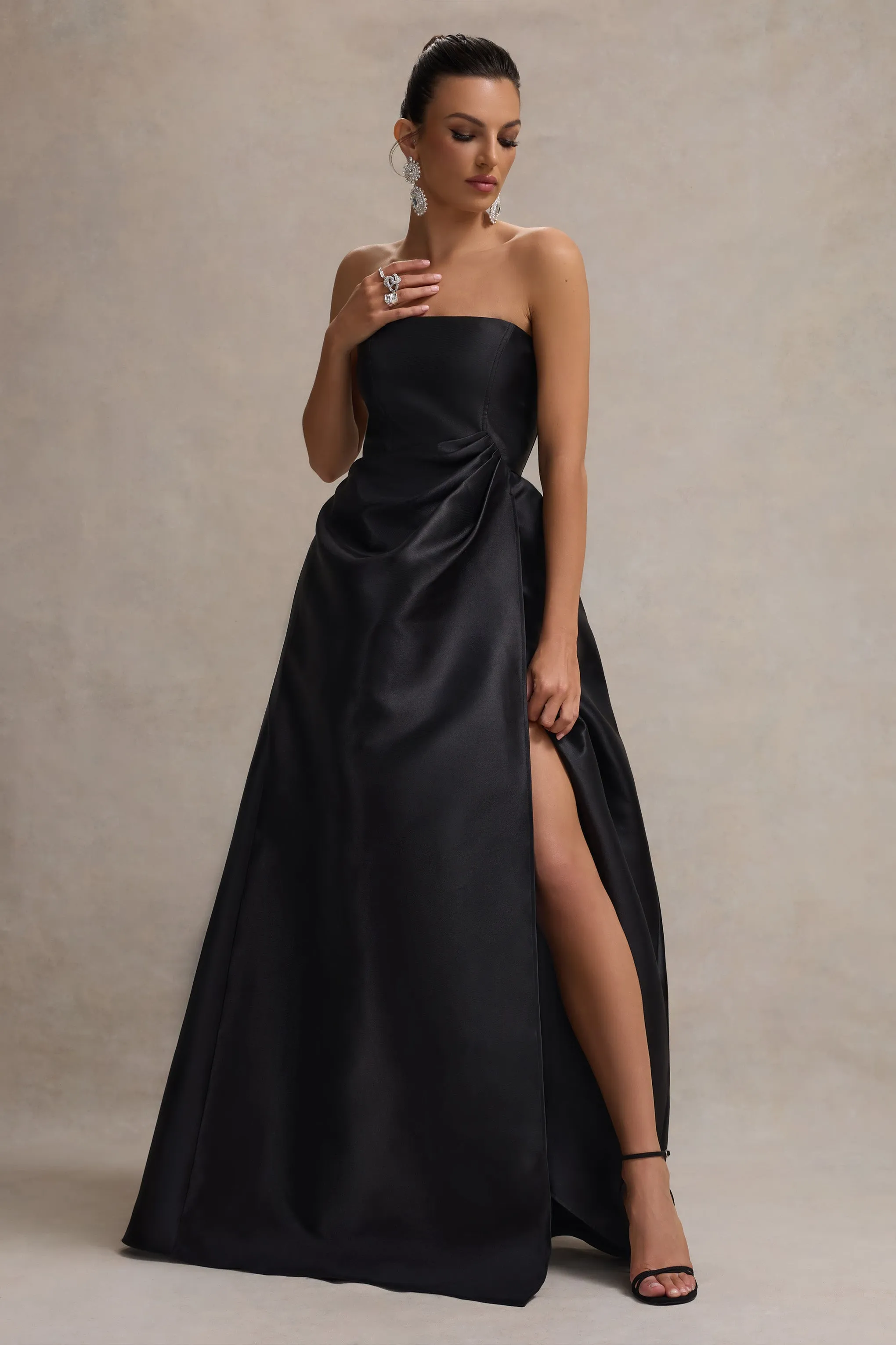 Universe | Black Bandeau Puff-Skirt Split Maxi Dress Club L London