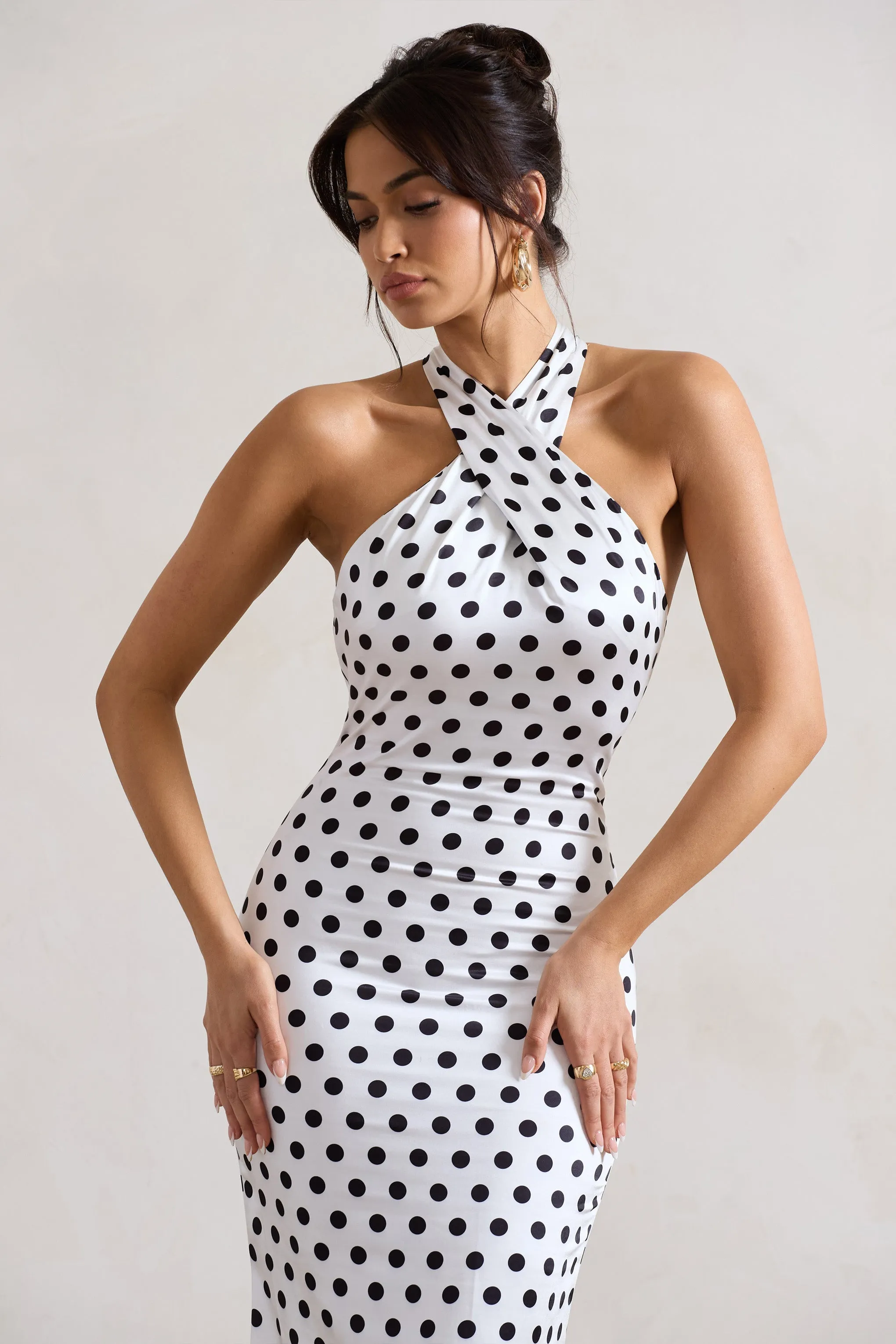 Unstoppable | White Polka Dot Satin Cross Over Halter Neck Maxi Dress Club L London