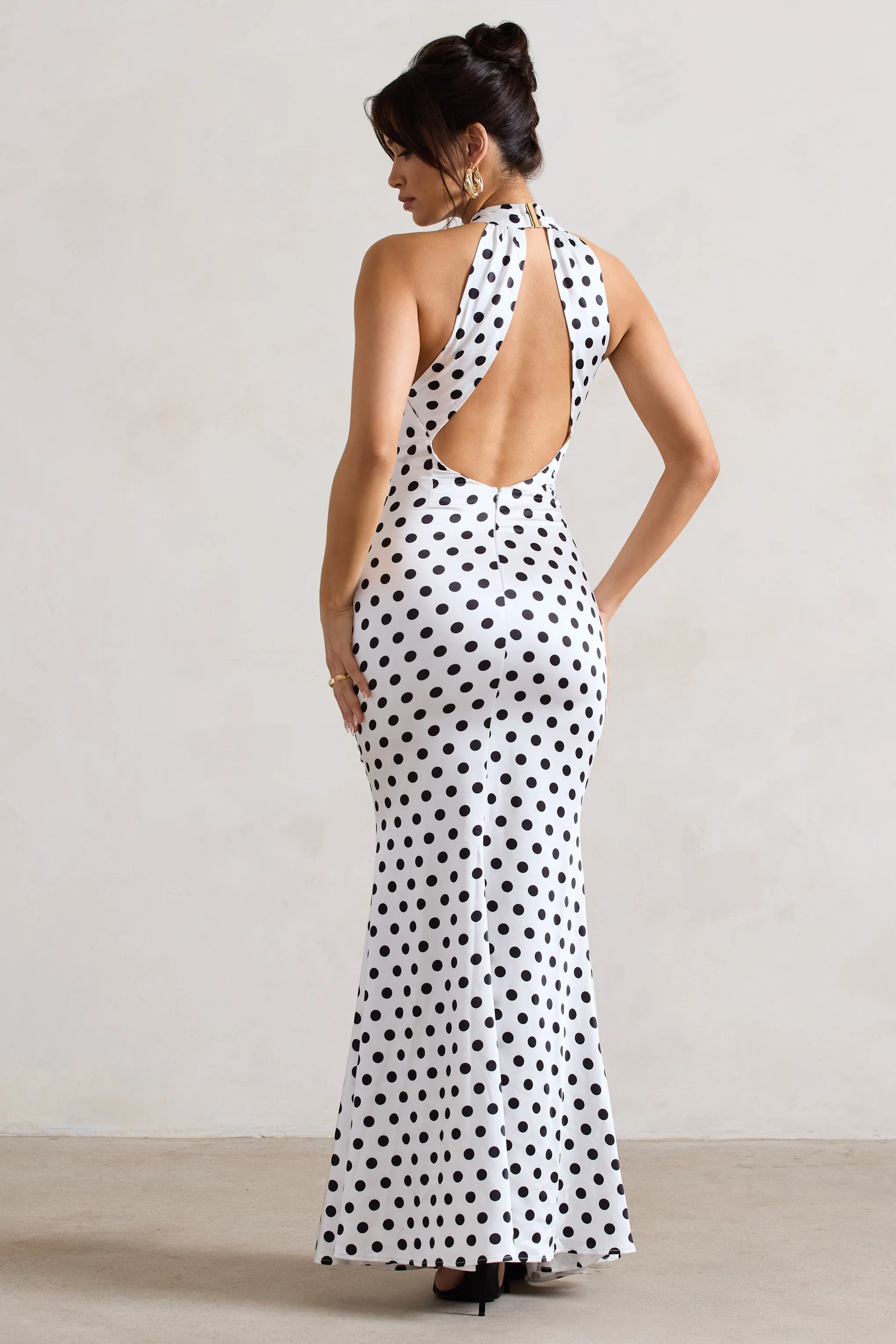 Unstoppable | White Polka Dot Satin Cross Over Halter Neck Maxi Dress Club L London