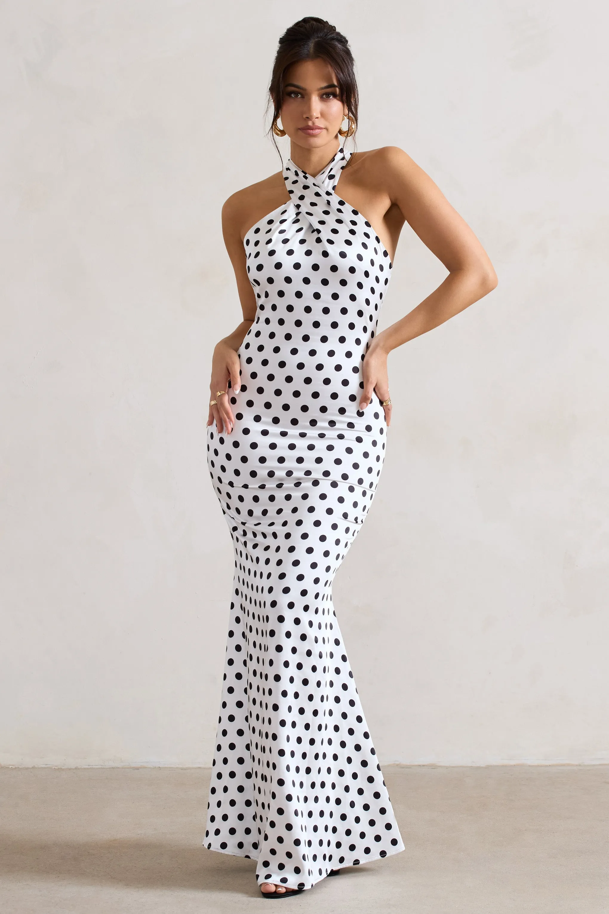 Unstoppable | White Polka Dot Satin Cross Over Halter Neck Maxi Dress Club L London