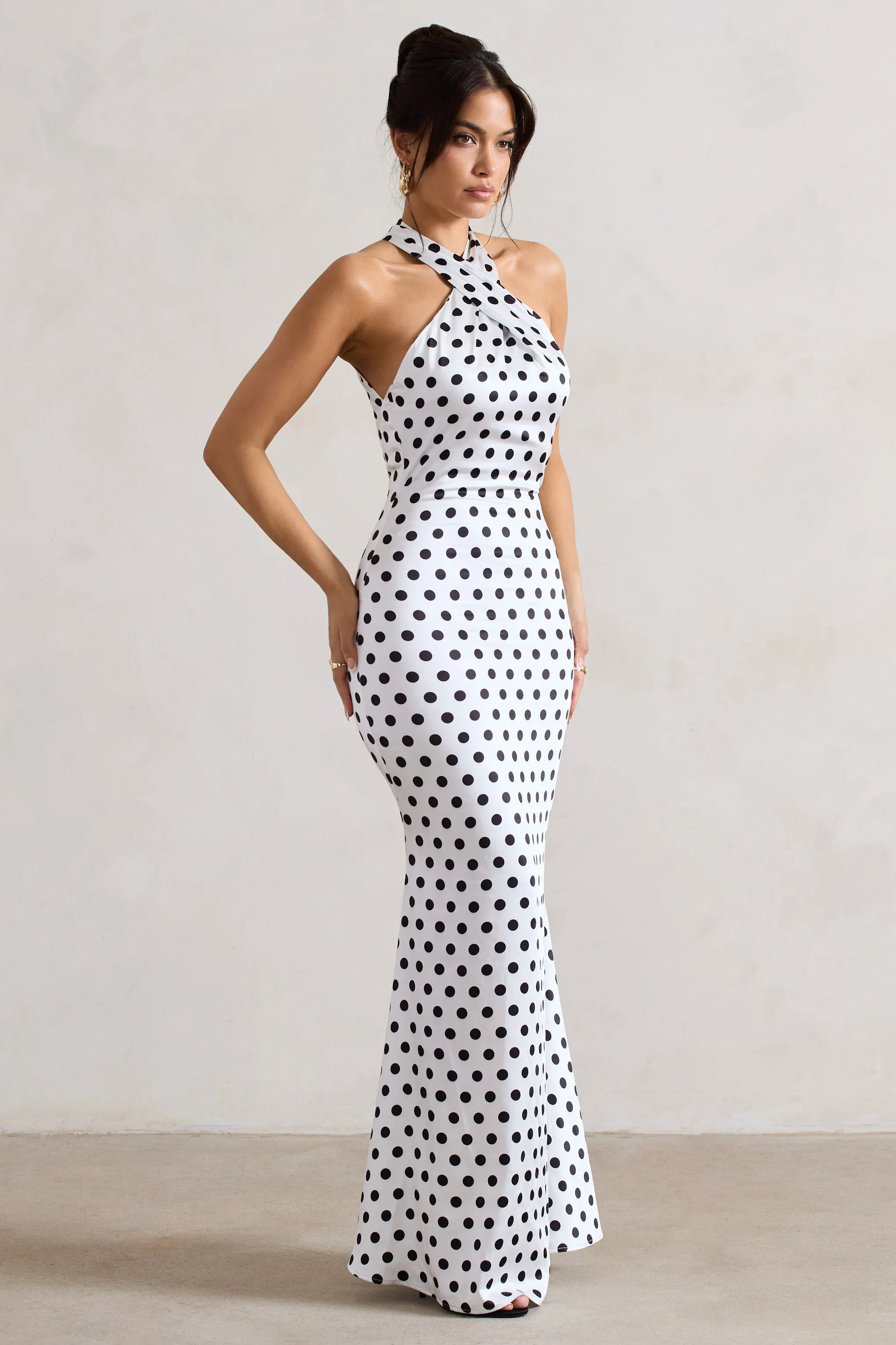 Unstoppable | White Polka Dot Satin Cross Over Halter Neck Maxi Dress Club L London