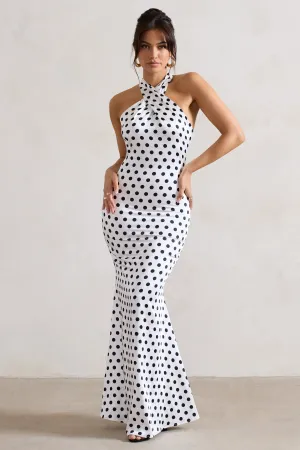 Unstoppable | White Polka Dot Satin Cross Over Halter Neck Maxi Dress Club L London