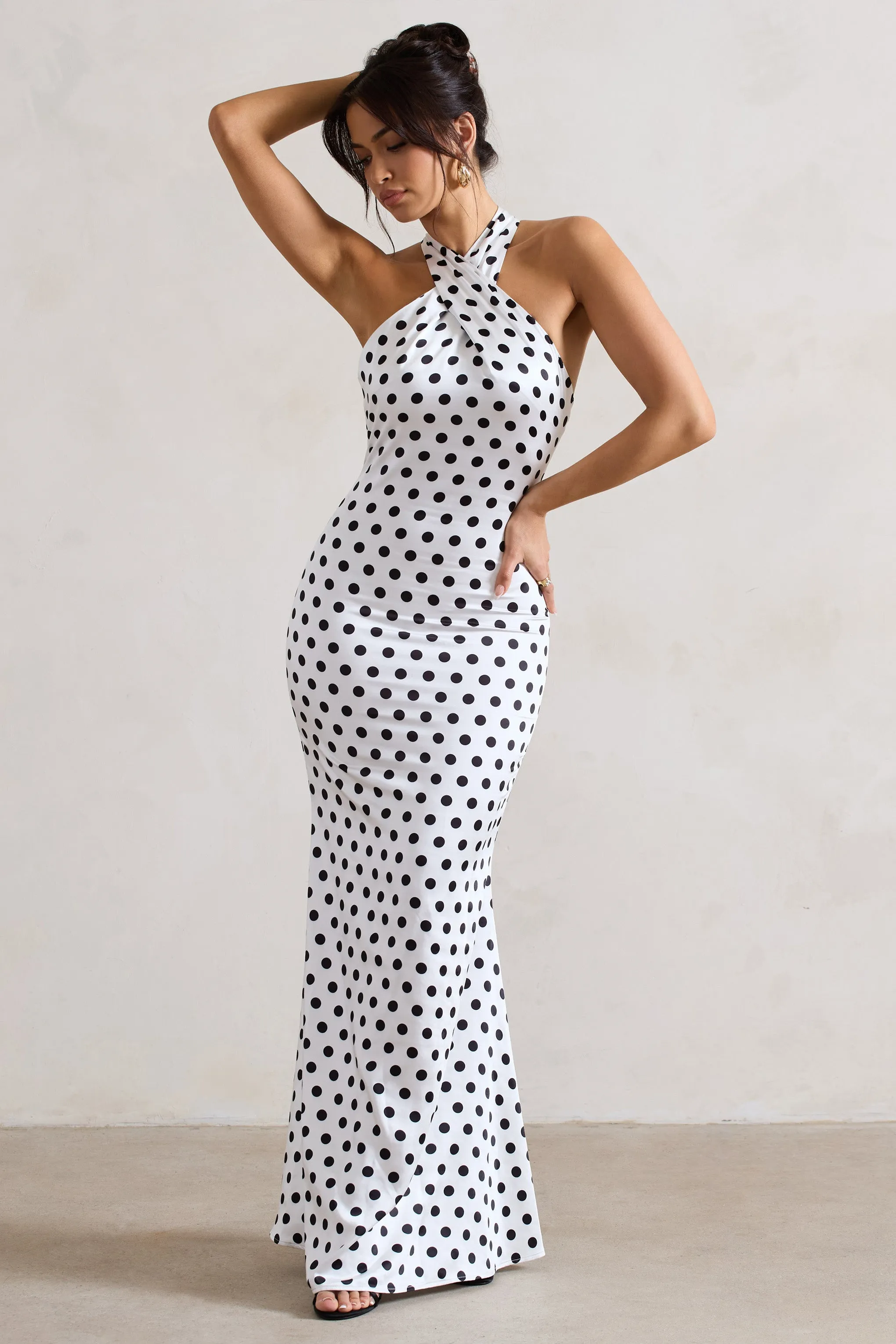 Unstoppable | White Polka Dot Satin Cross Over Halter Neck Maxi Dress Club L London