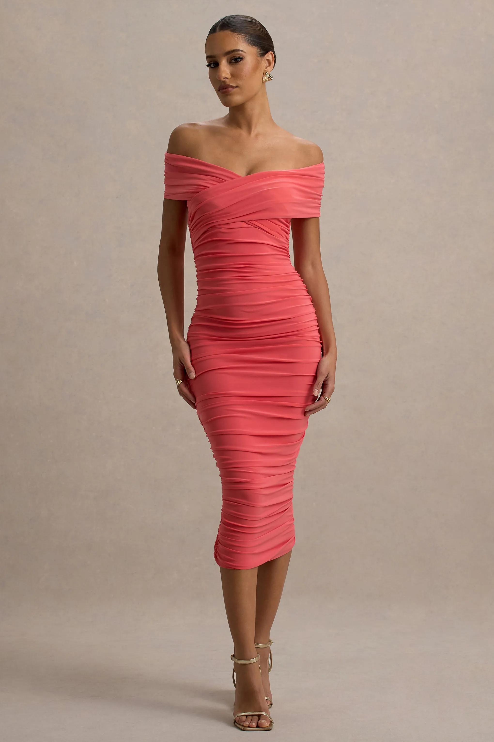 Unwrapped | Coral Ruched Twist Bardot Midi Dress Club L London
