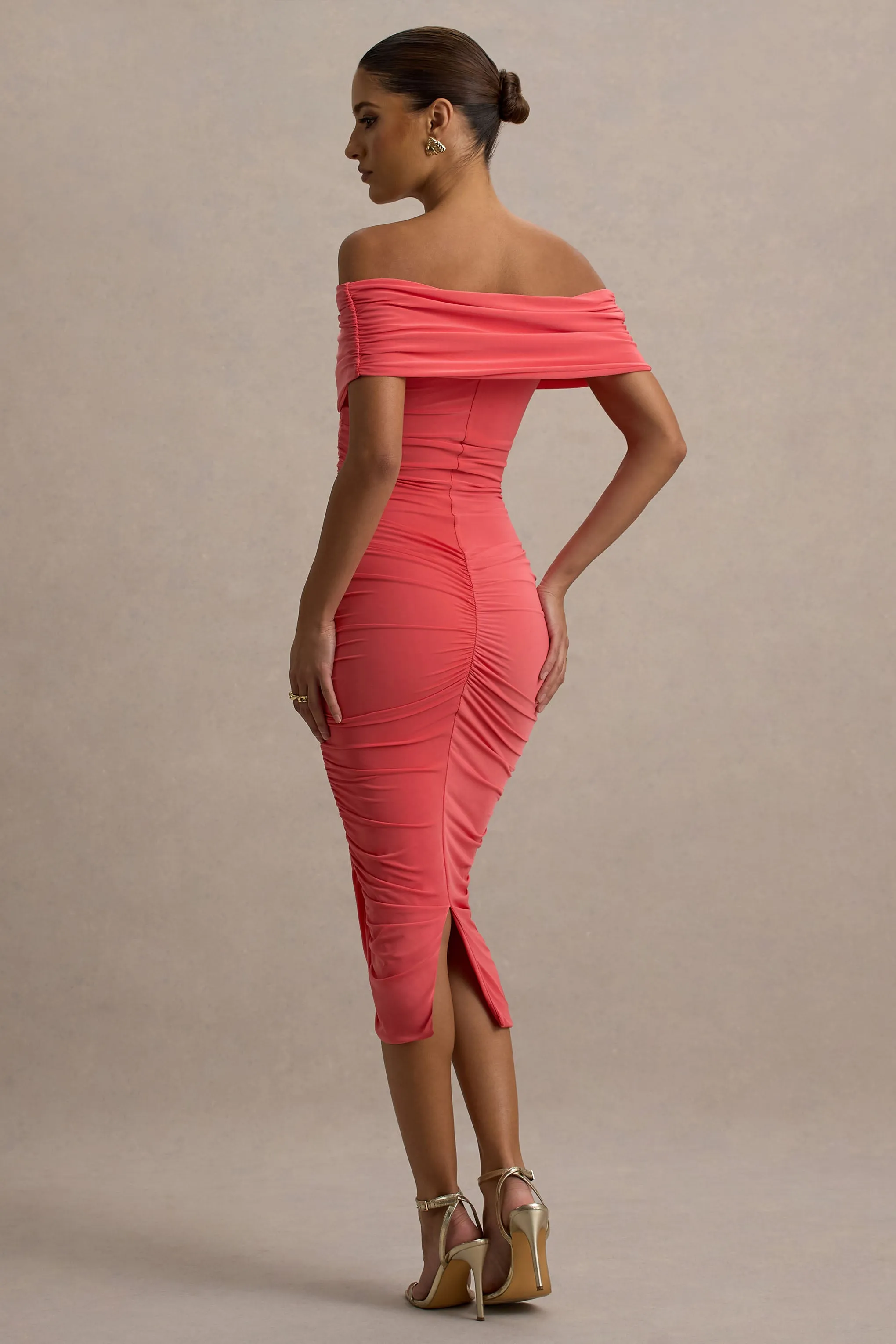 Unwrapped | Coral Ruched Twist Bardot Midi Dress Club L London