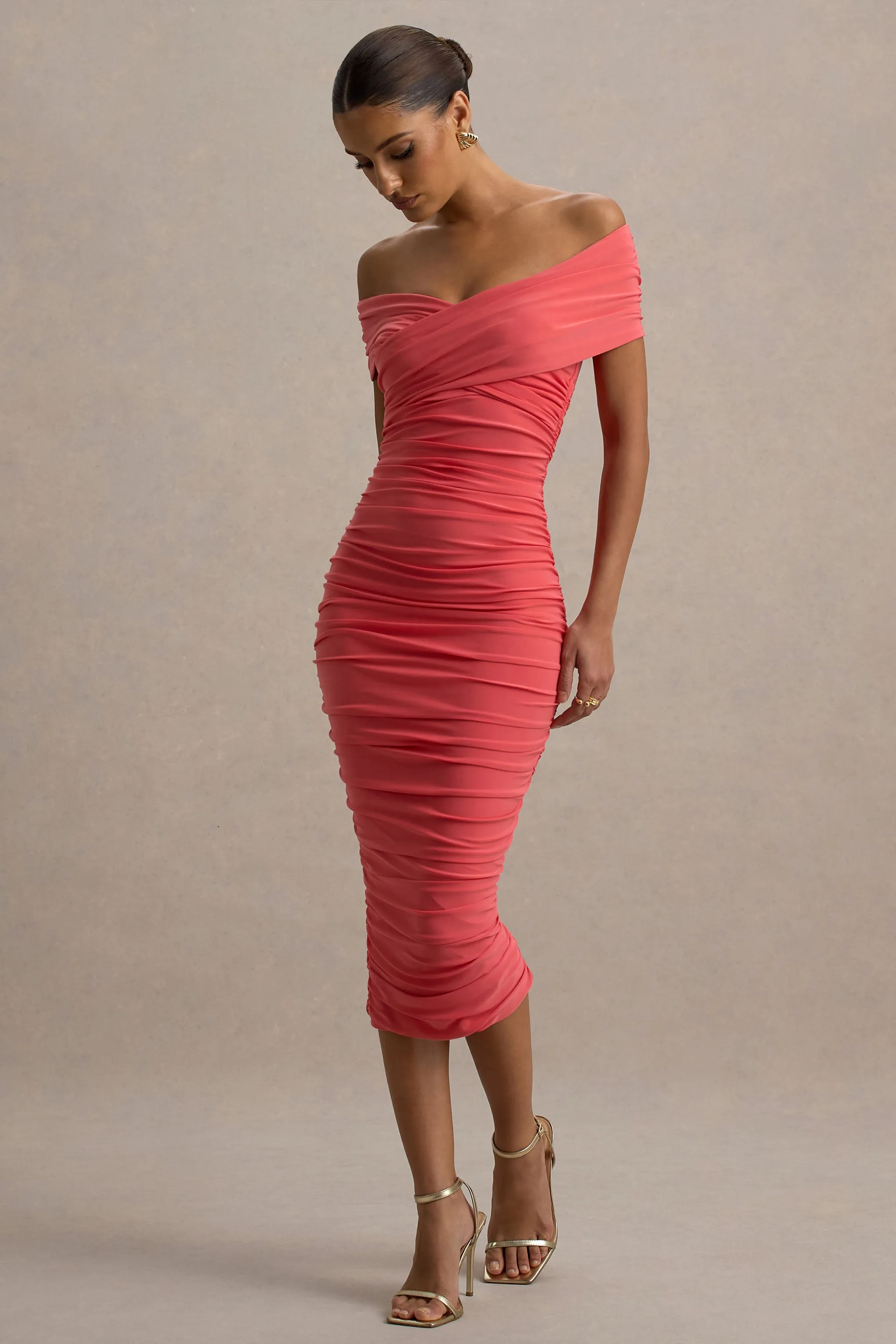 Unwrapped | Coral Ruched Twist Bardot Midi Dress Club L London