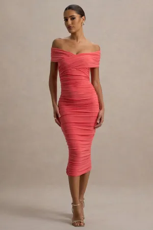 Unwrapped | Coral Ruched Twist Bardot Midi Dress Club L London
