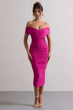 Unwrapped | Dark Pink Ruched Twist Bardot Midi Dress Club L London