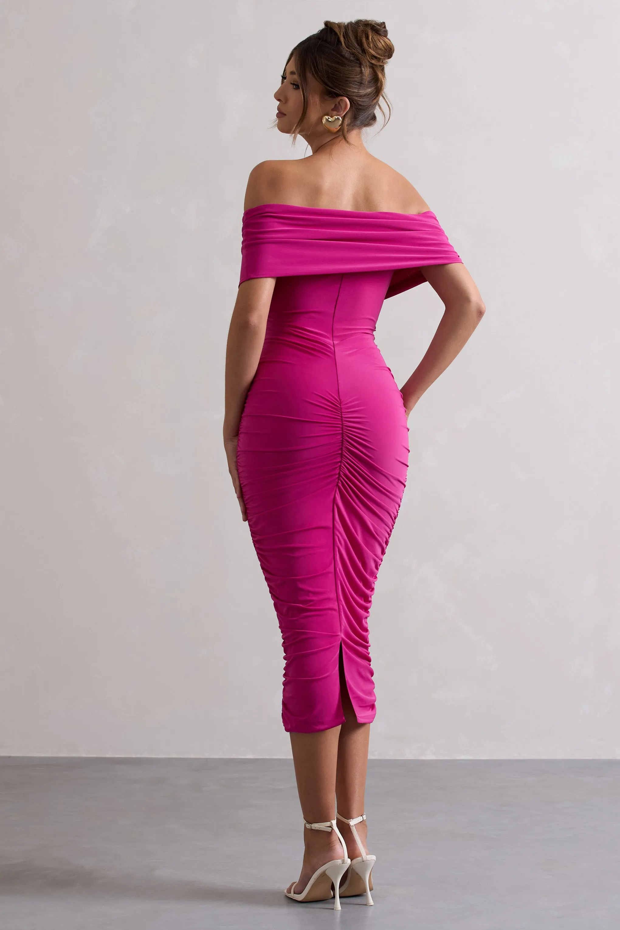 Unwrapped | Dark Pink Ruched Twist Bardot Midi Dress Club L London