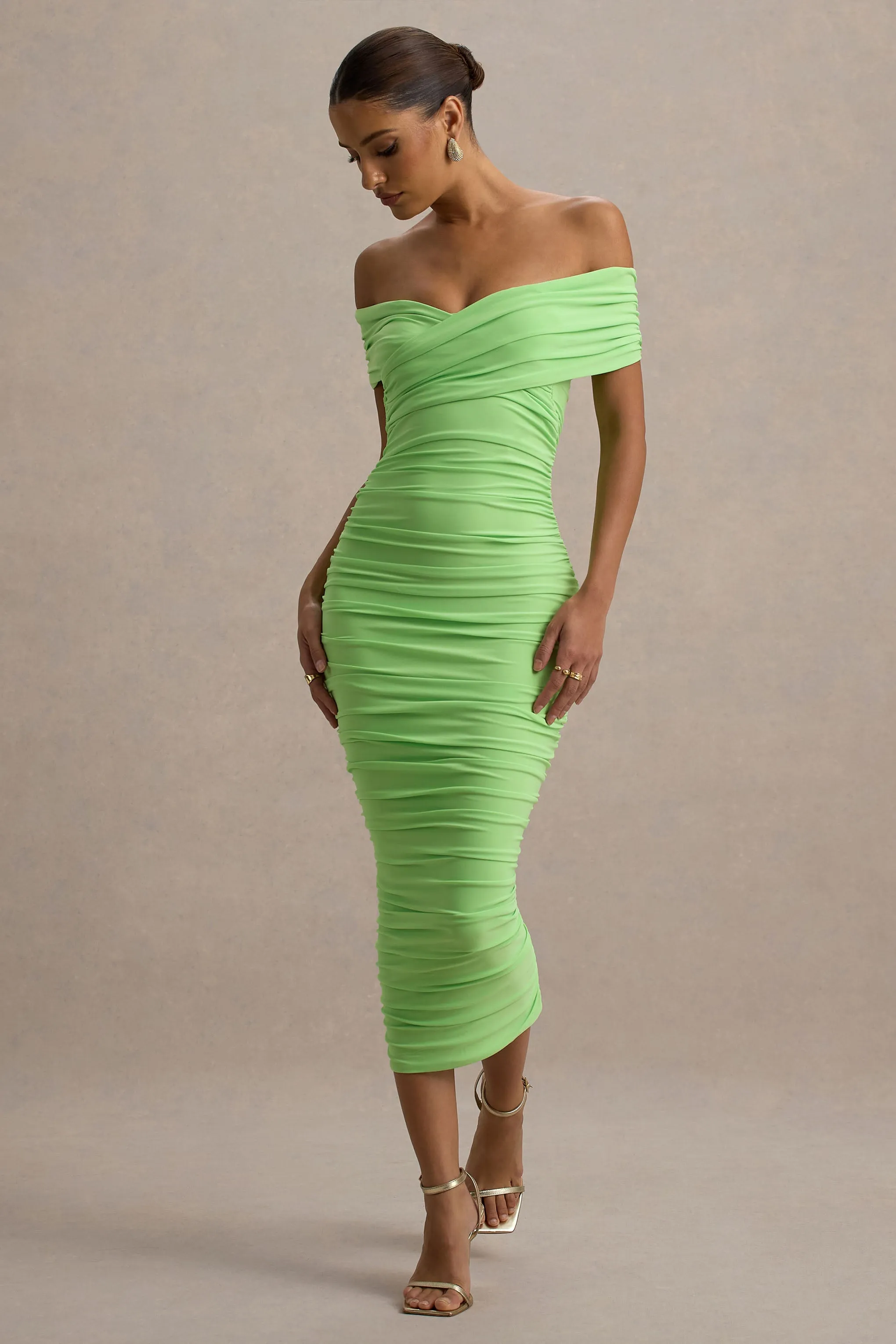 Unwrapped | Light Green Ruched Twist Bardot Midi Dress Club L London