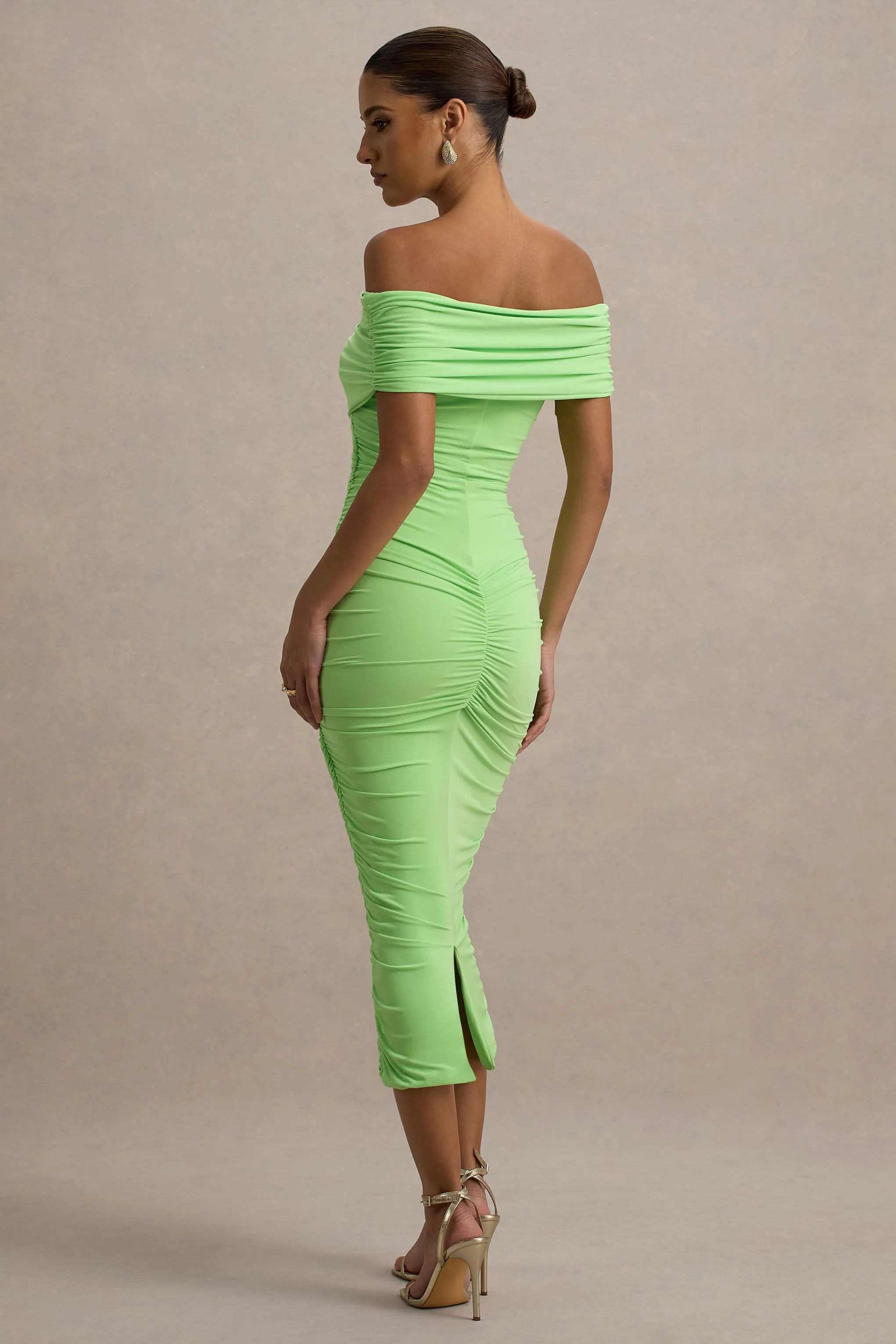 Unwrapped | Light Green Ruched Twist Bardot Midi Dress Club L London