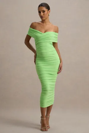 Unwrapped | Light Green Ruched Twist Bardot Midi Dress Club L London