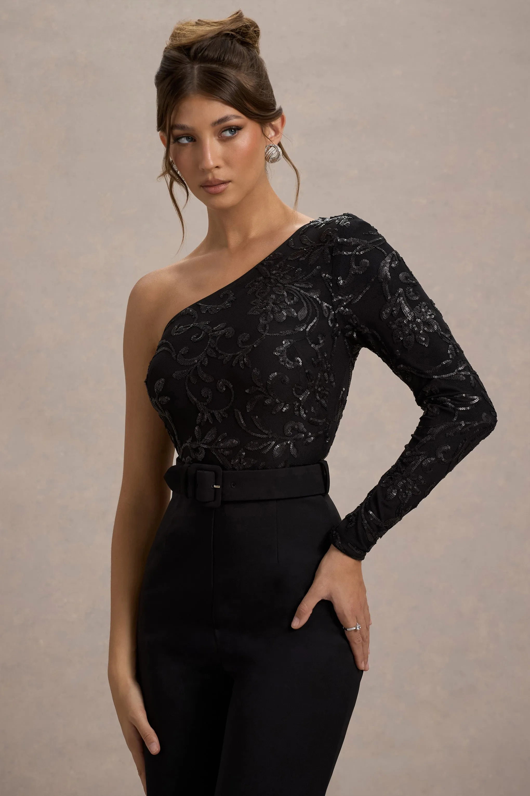 Upgrade | Black Lace Asymmetric Belted Wide-Leg Jumpsuit Club L London