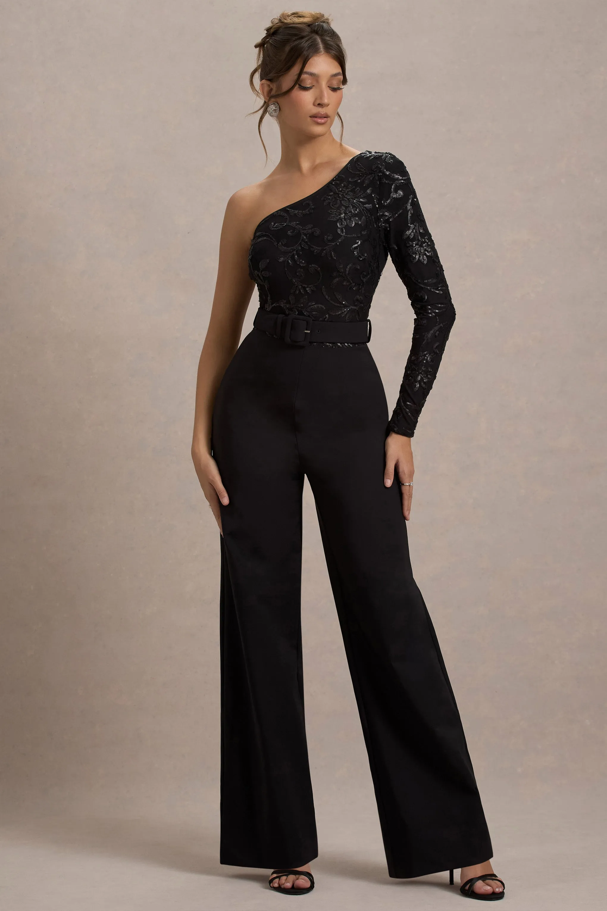 Upgrade | Black Lace Asymmetric Belted Wide-Leg Jumpsuit Club L London