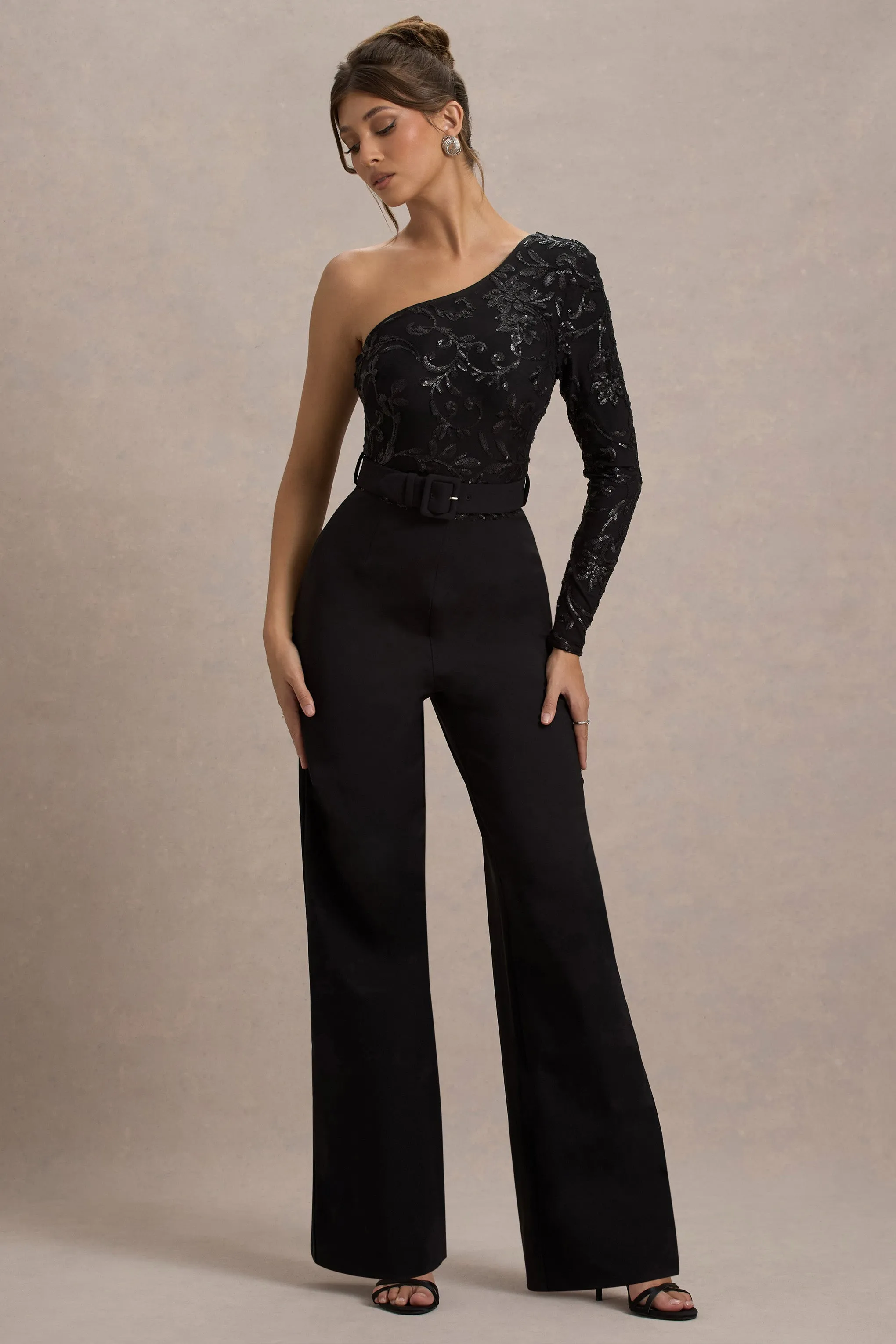 Upgrade | Black Lace Asymmetric Belted Wide-Leg Jumpsuit Club L London