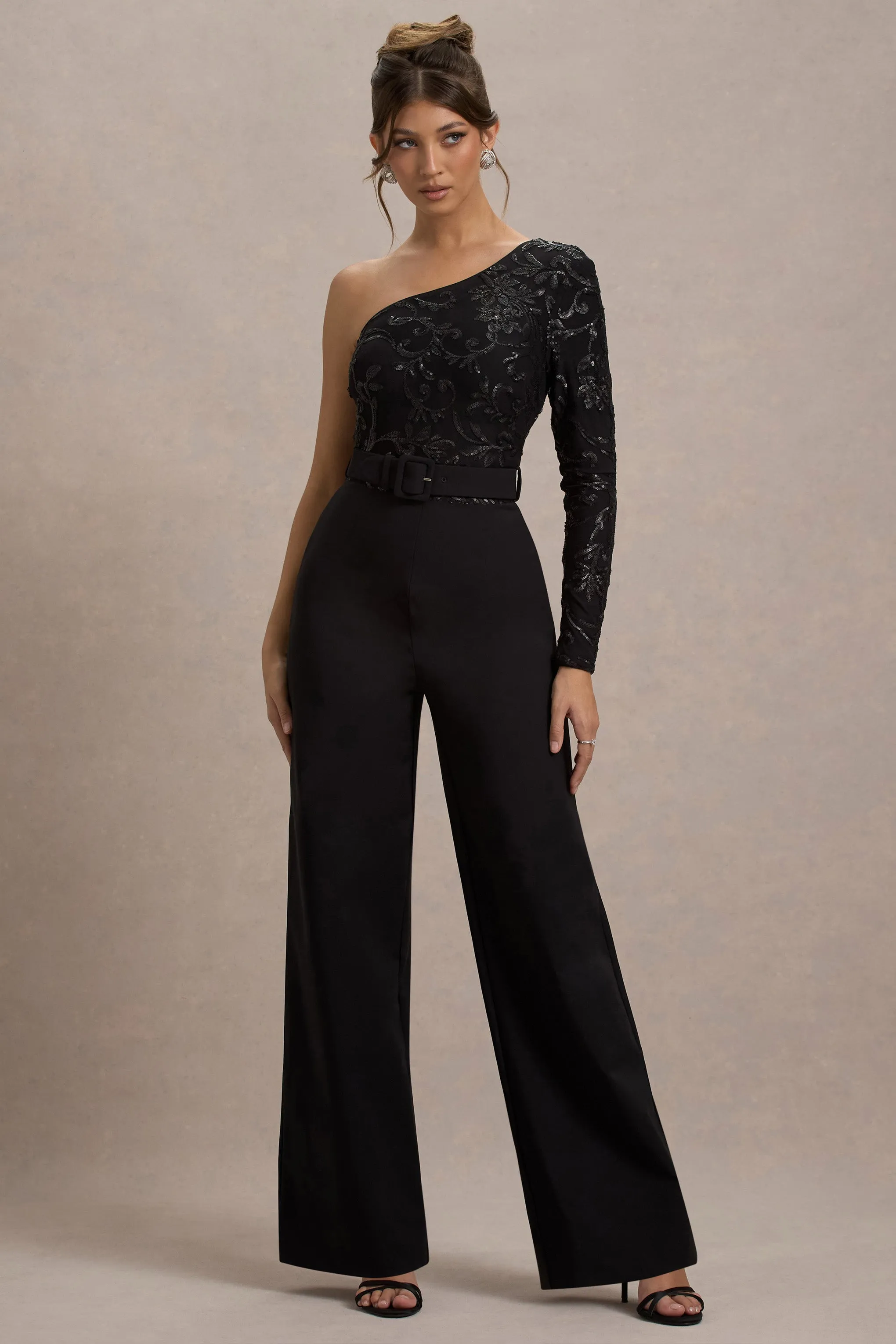 Upgrade | Black Lace Asymmetric Belted Wide-Leg Jumpsuit Club L London