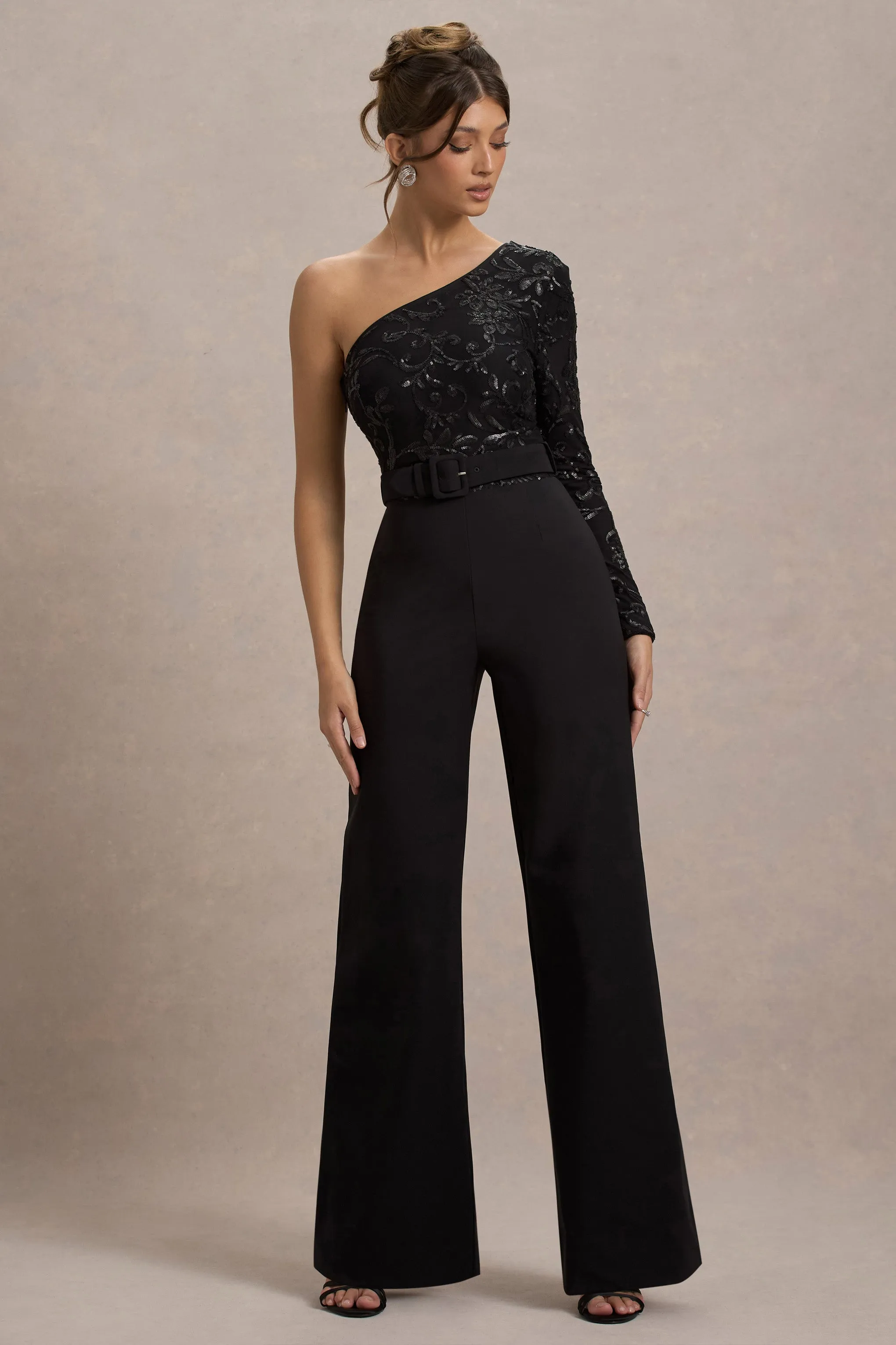 Upgrade | Black Lace Asymmetric Belted Wide-Leg Jumpsuit Club L London