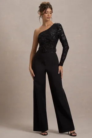 Upgrade | Black Lace Asymmetric Belted Wide-Leg Jumpsuit Club L London