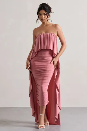 Upon A Time | Blush Ruched Bandeau Midi Dress With Cape Club L London