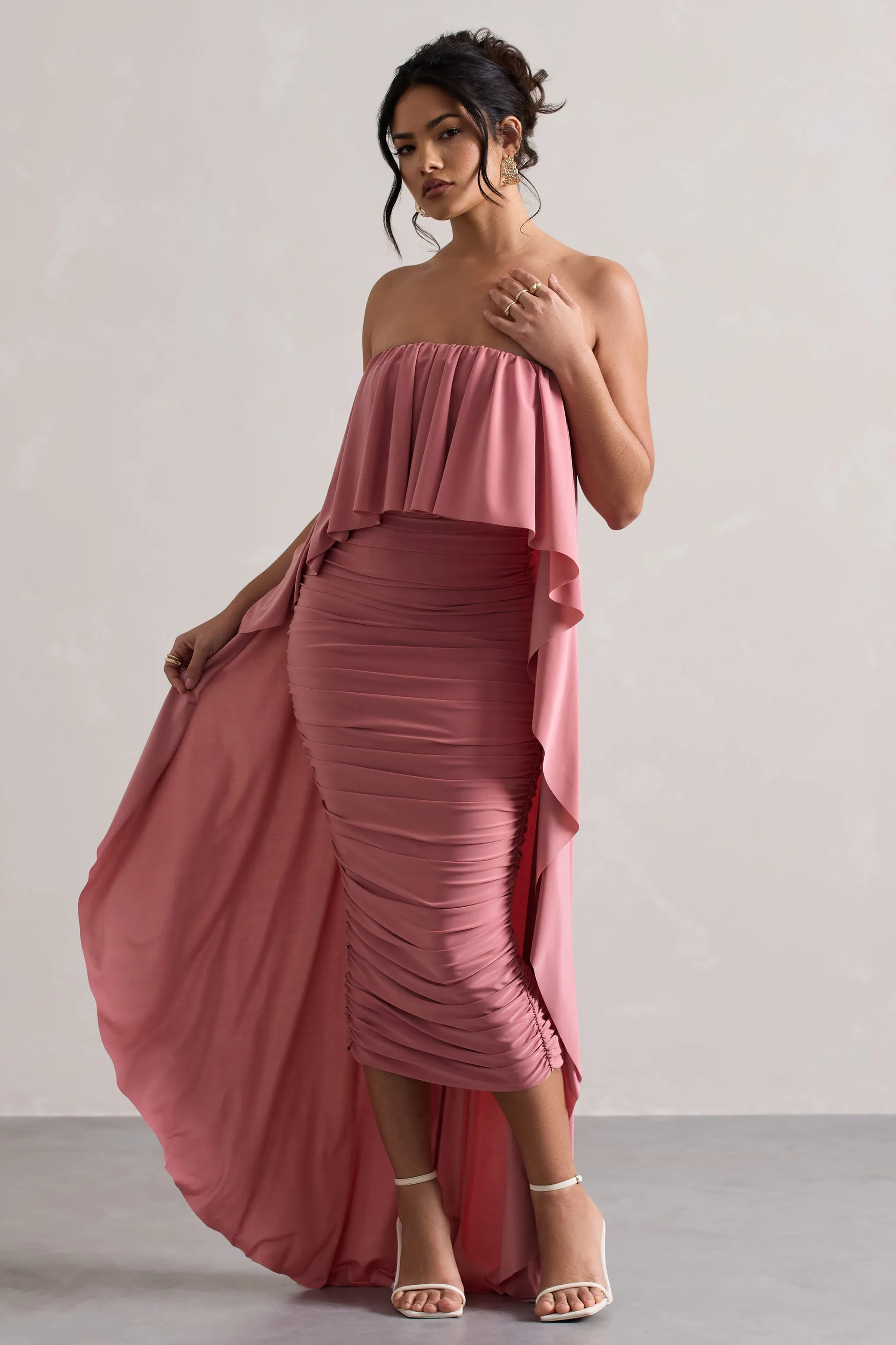 Upon A Time | Blush Ruched Bandeau Midi Dress With Cape Club L London