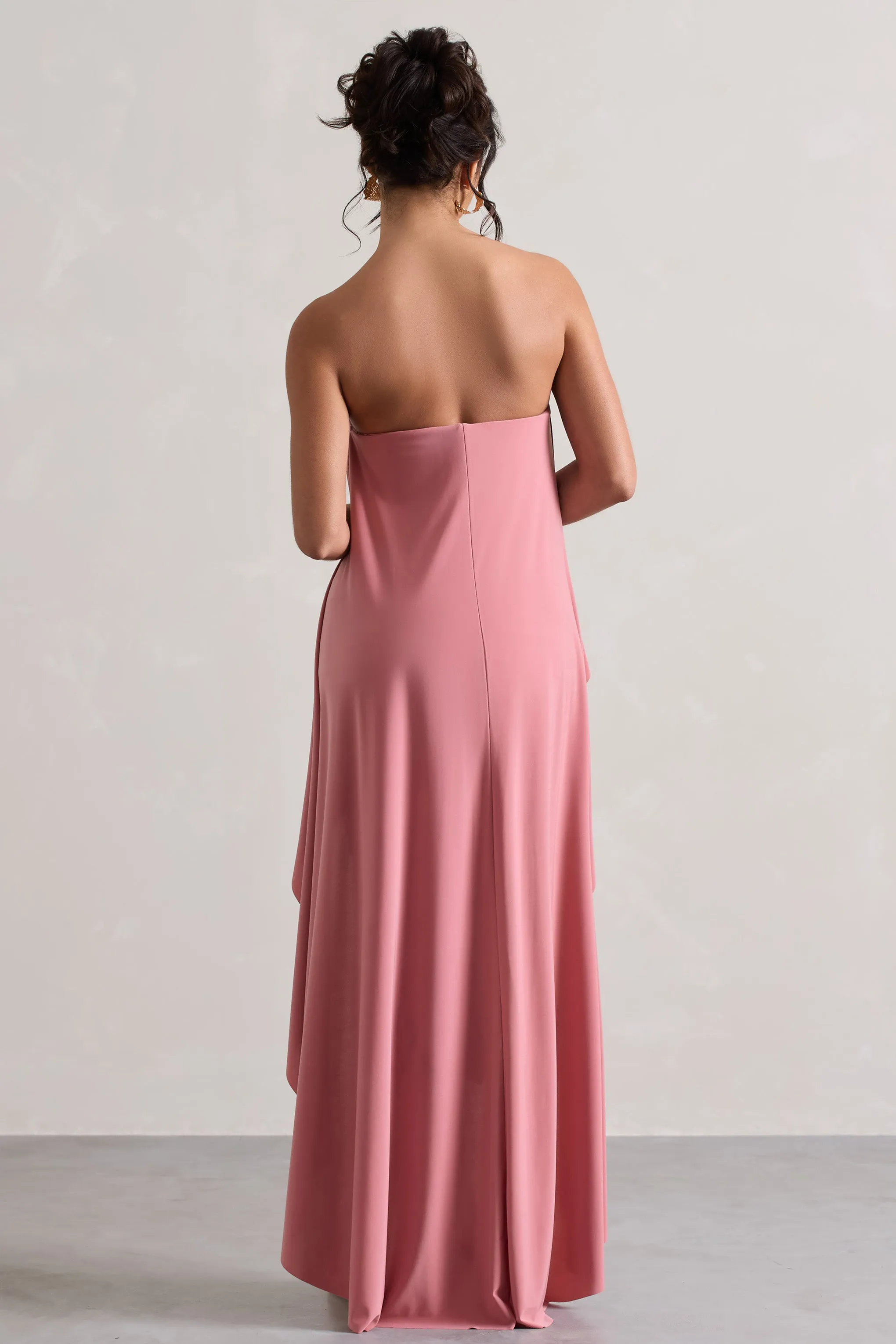 Upon A Time | Blush Ruched Bandeau Midi Dress With Cape Club L London