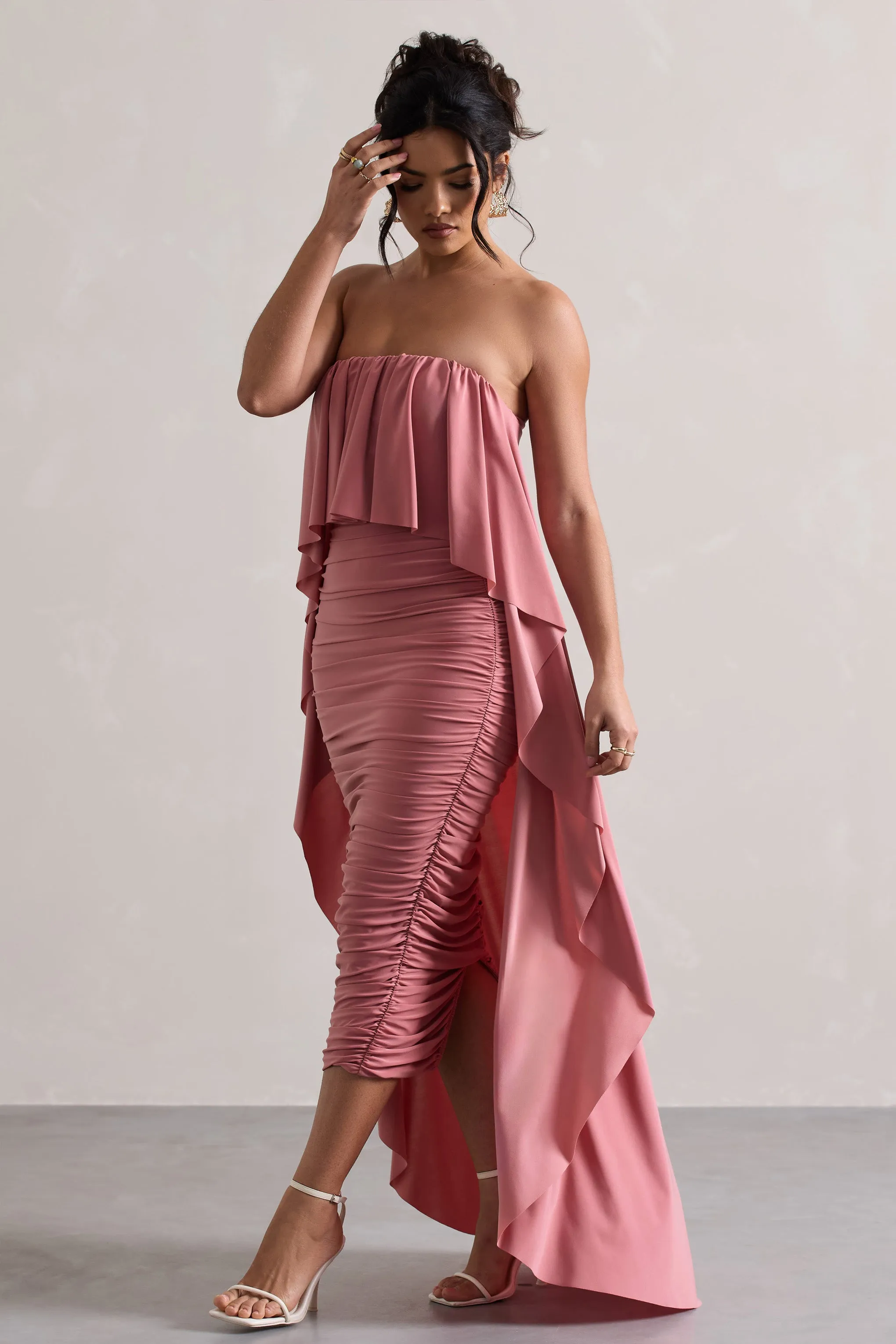 Upon A Time | Blush Ruched Bandeau Midi Dress With Cape Club L London
