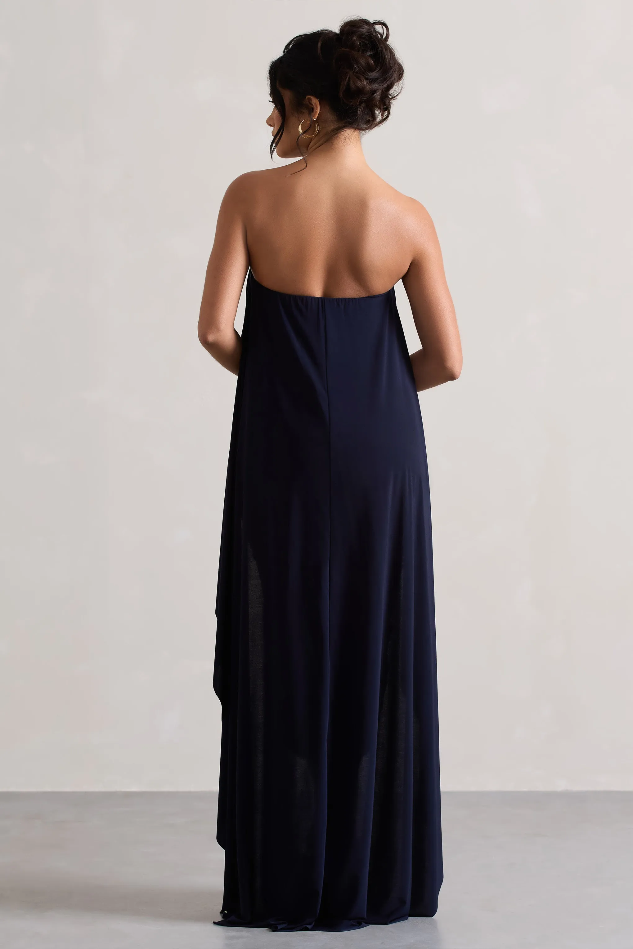 Upon A Time | Navy Ruched Bandeau Midi Dress With Cape Club L London