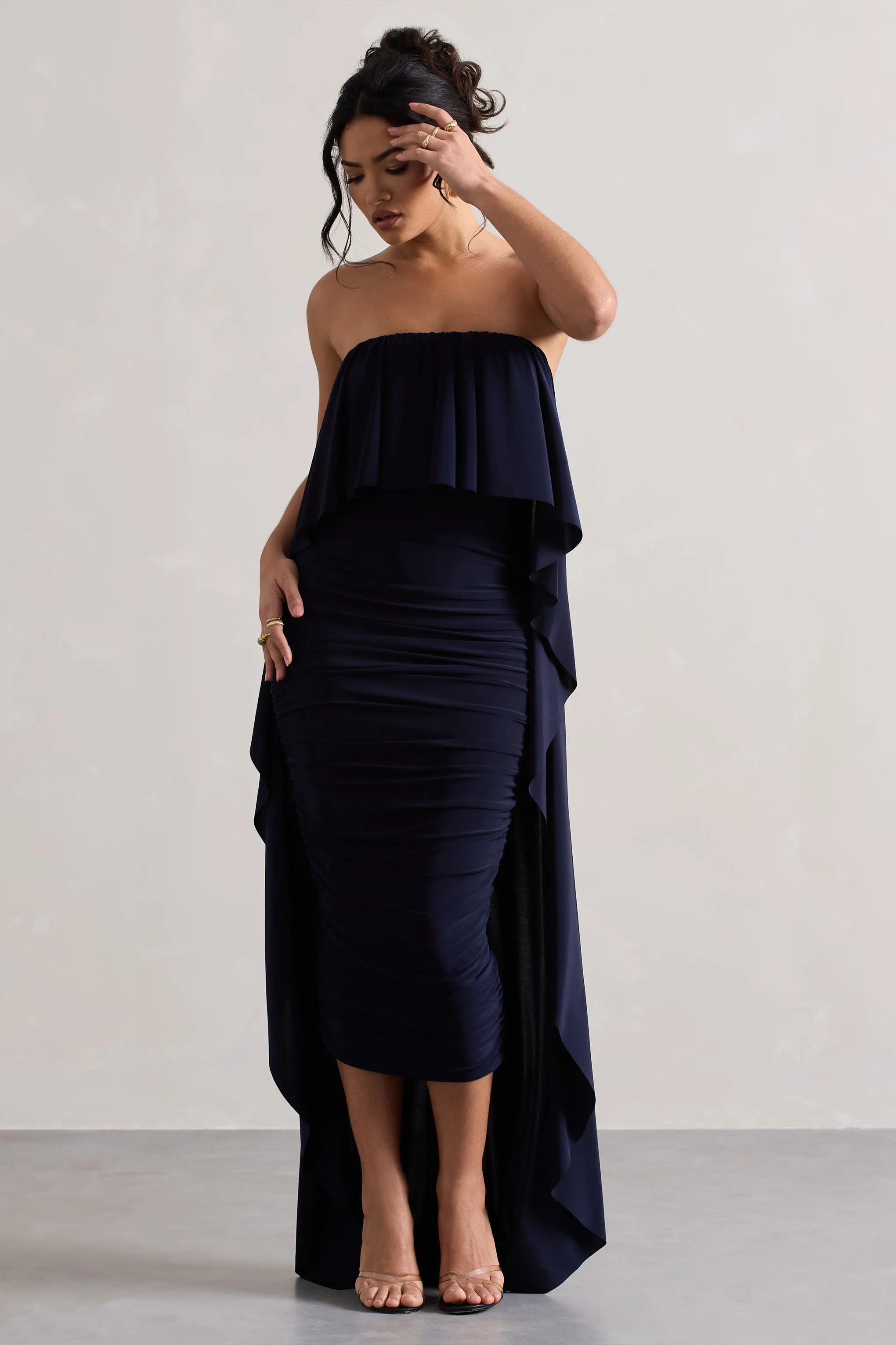 Upon A Time | Navy Ruched Bandeau Midi Dress With Cape Club L London