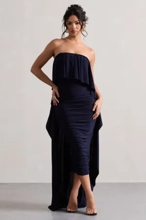Upon A Time | Navy Ruched Bandeau Midi Dress With Cape Club L London
