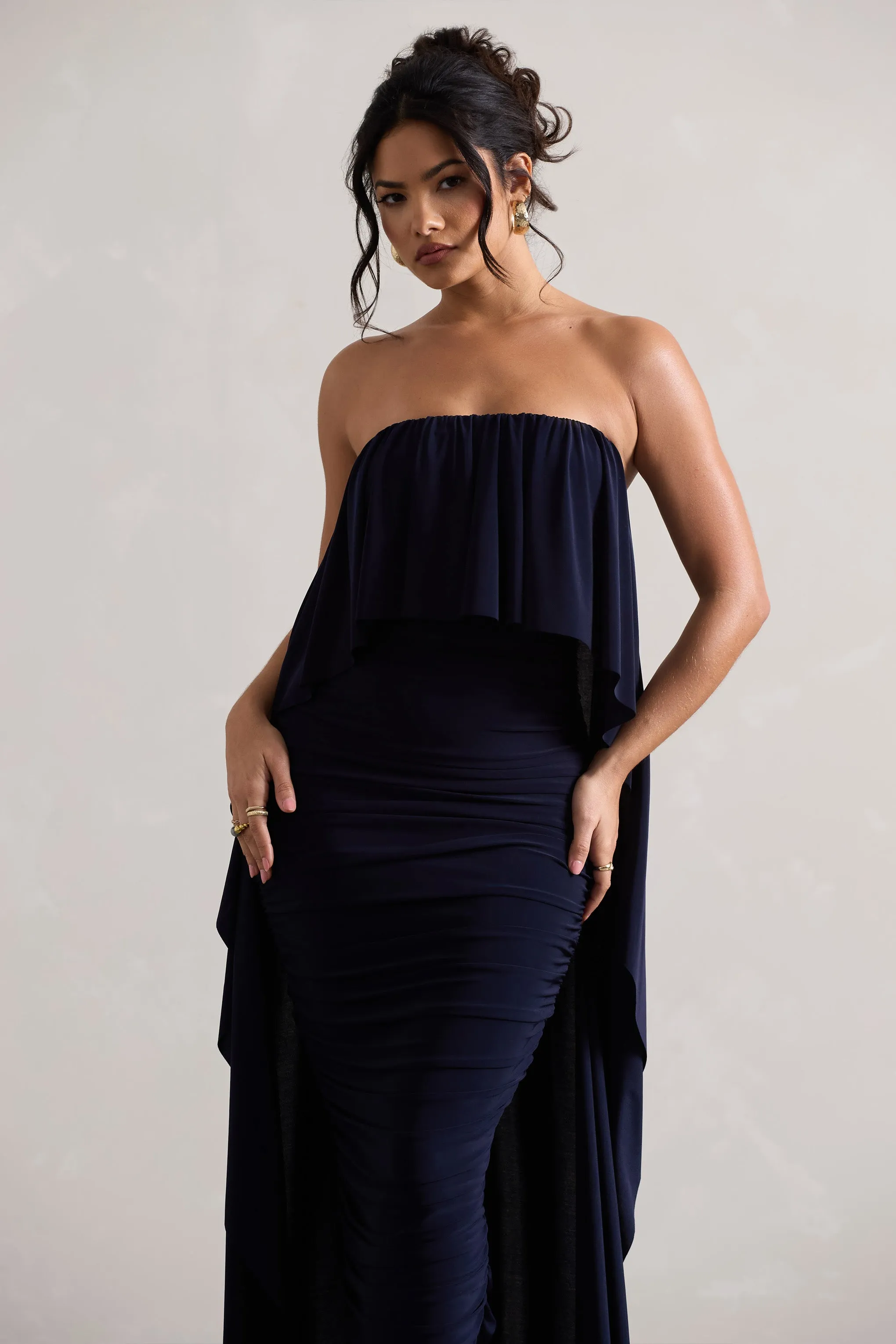 Upon A Time | Navy Ruched Bandeau Midi Dress With Cape Club L London