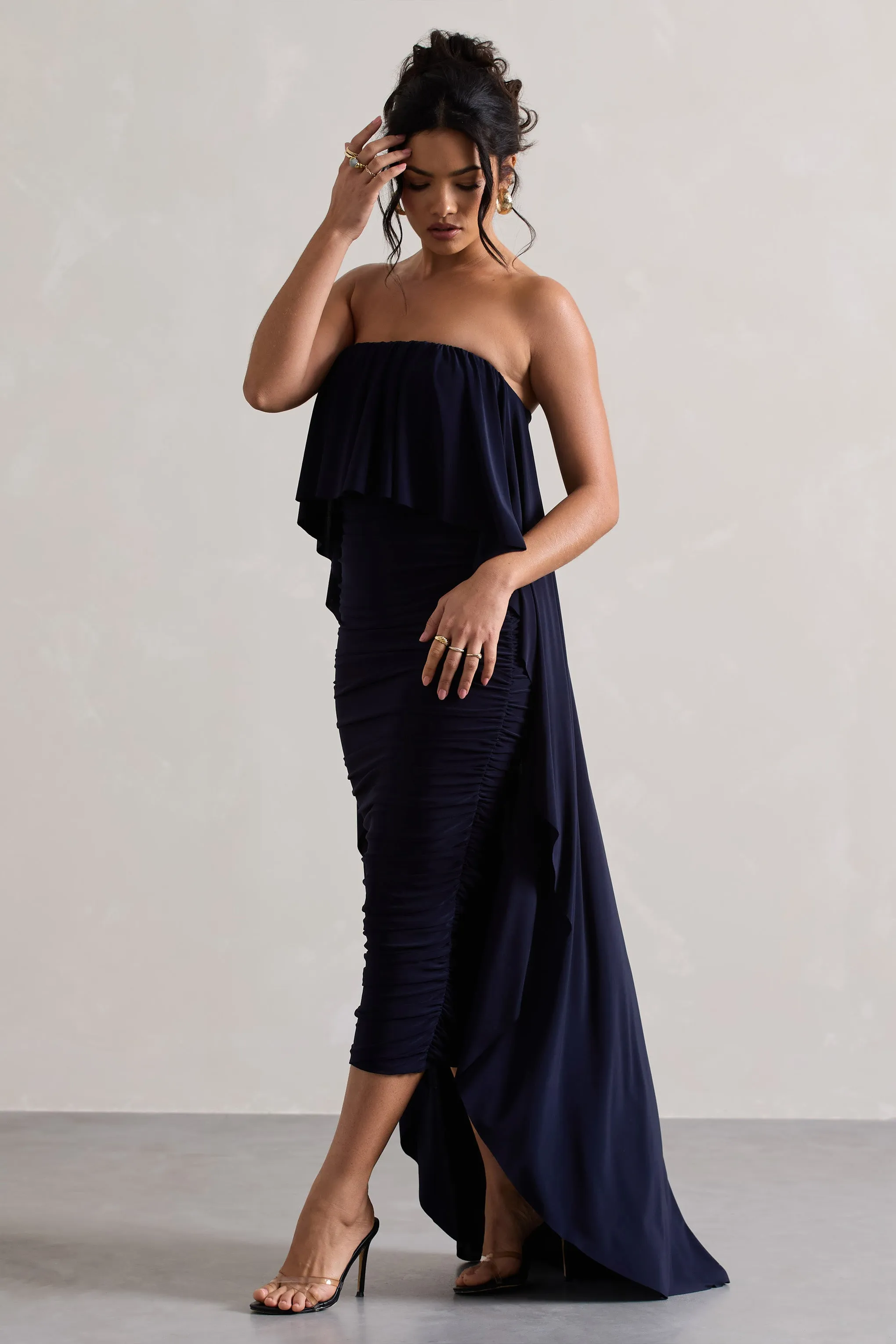 Upon A Time | Navy Ruched Bandeau Midi Dress With Cape Club L London