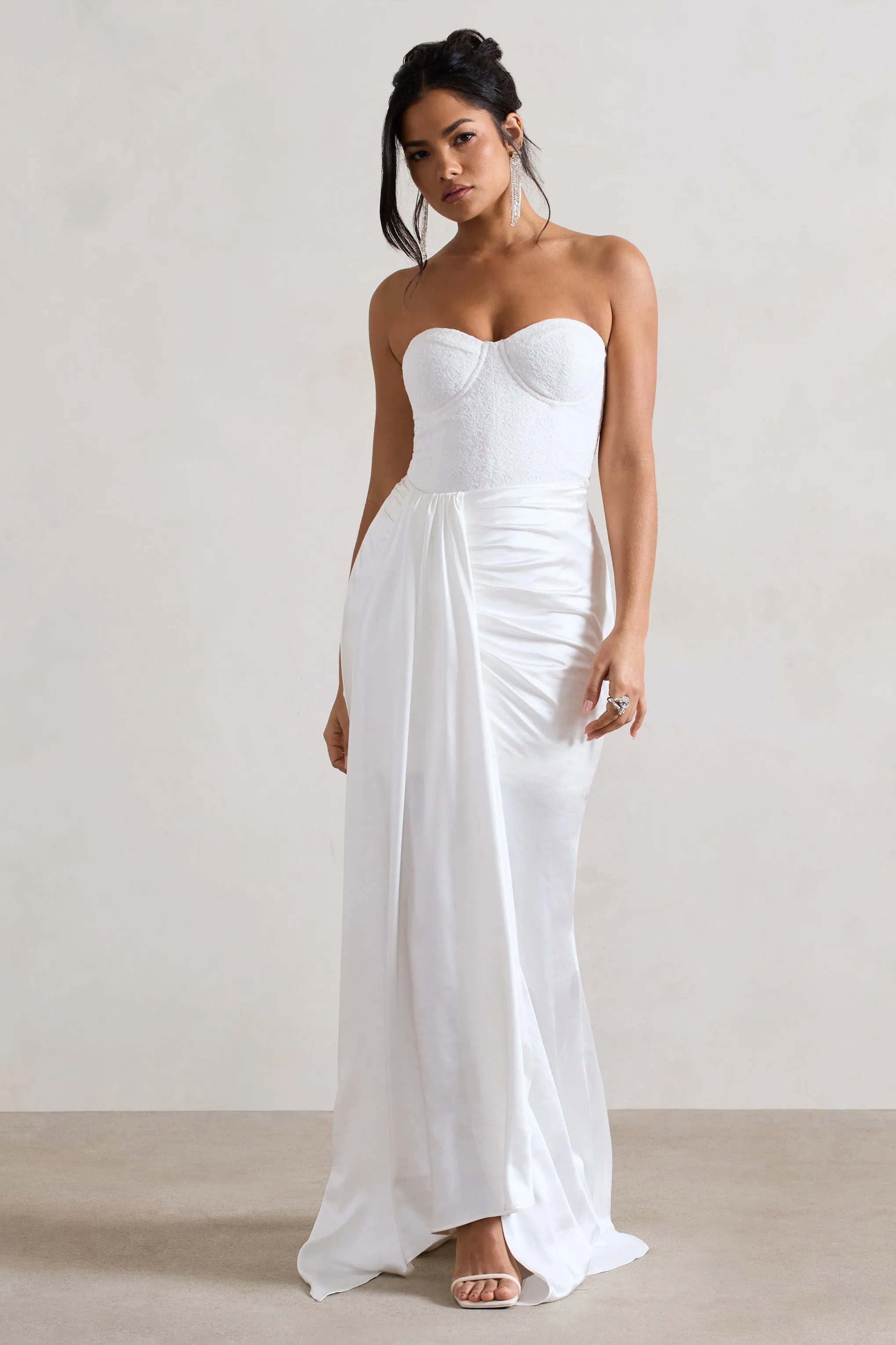 Valencia | Cream Lace Corset Maxi Dress With Detachable Skirt Club L London